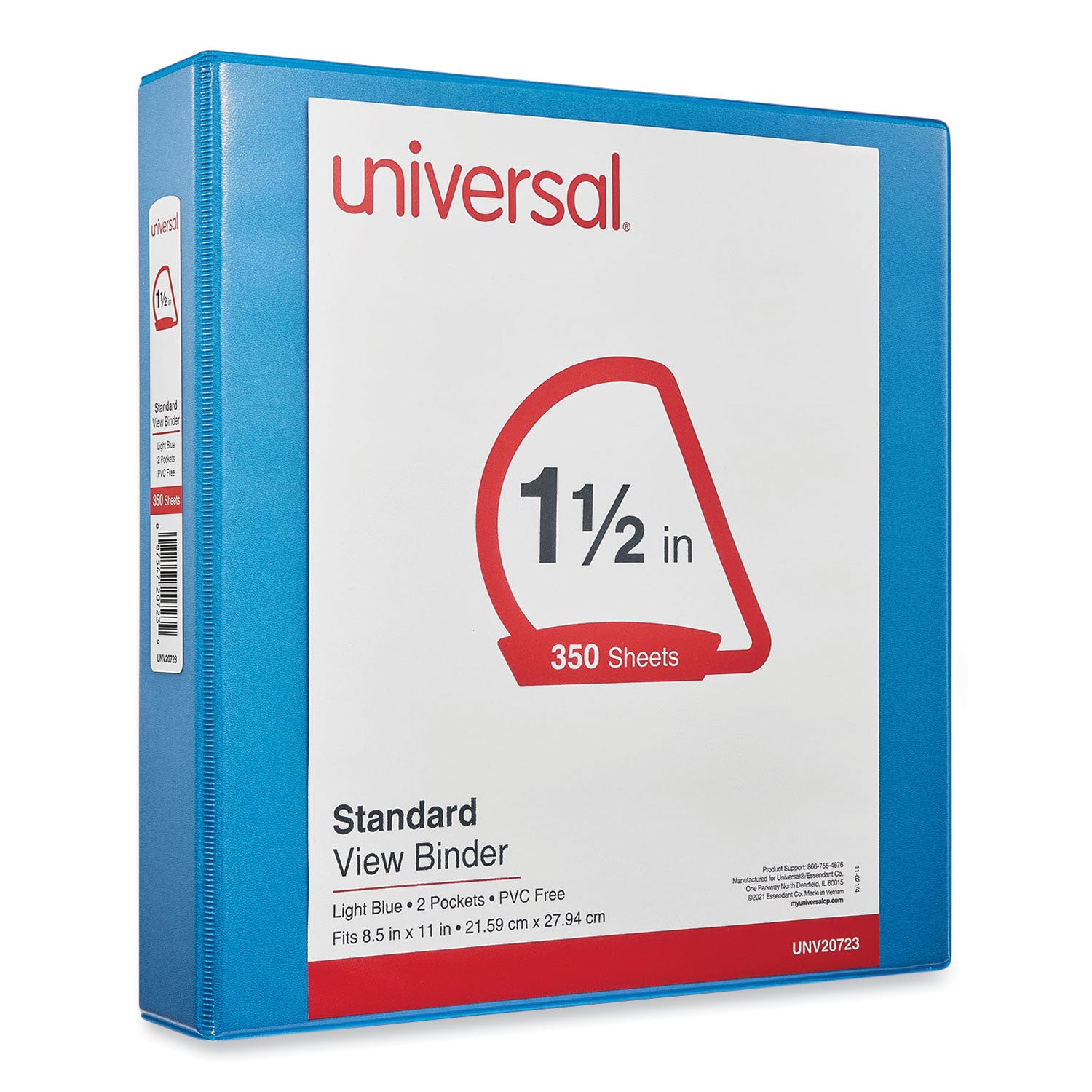 Universal® Slant D-Ring View Binder, 3 Rings, 1.5" Capacity, 11 x 8.5, Light Blue