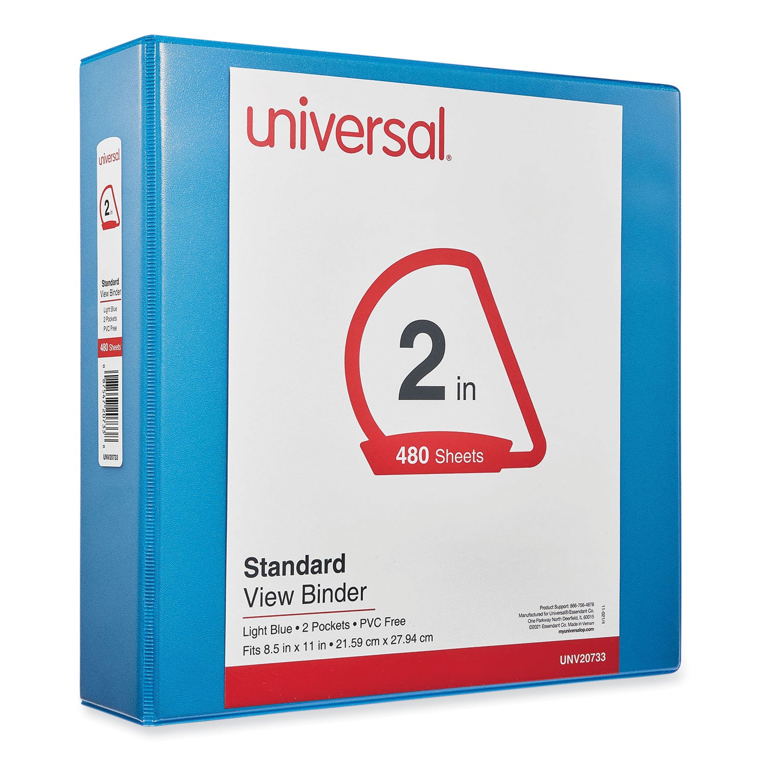 Universal® Slant D-Ring View Binder, 3 Rings, 2" Capacity, 11 x 8.5, Light Blue