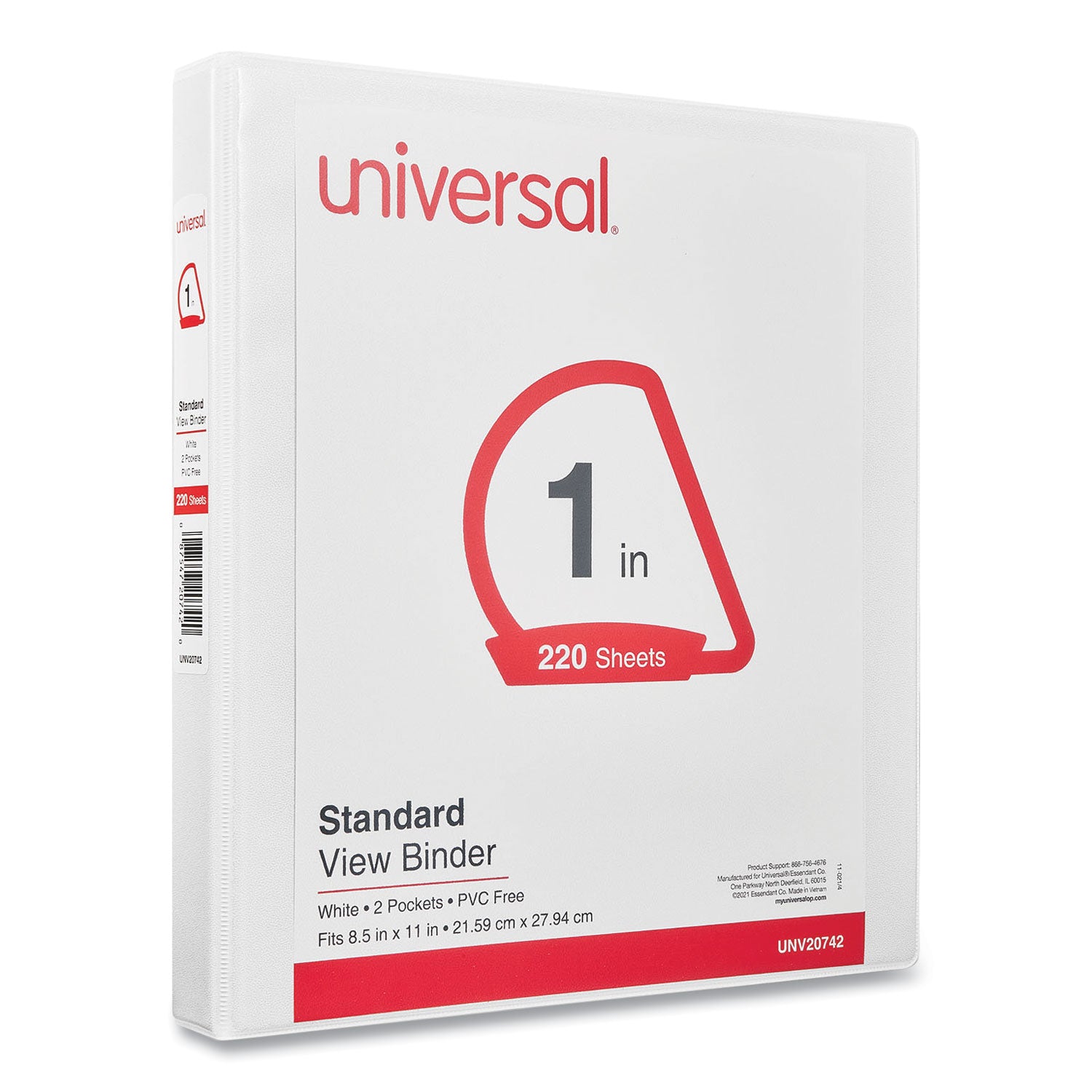 Universal® Slant D-Ring View Binder, 3 Rings, 1" Capacity, 11 x 8.5, White, 4/Pack