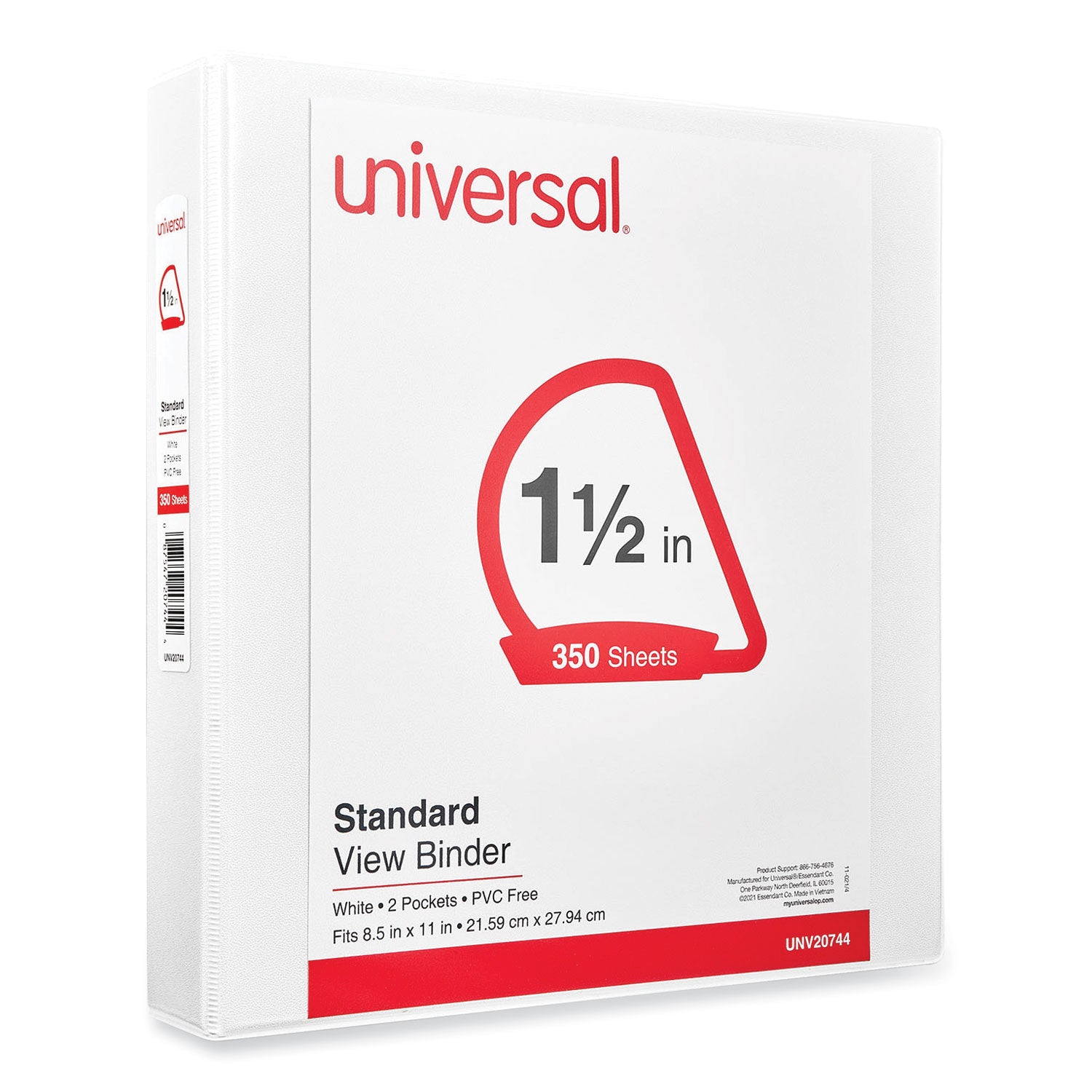 Universal® Slant D-Ring View Binder, 3 Rings, 1.5" Capacity, 11 x 8.5, White