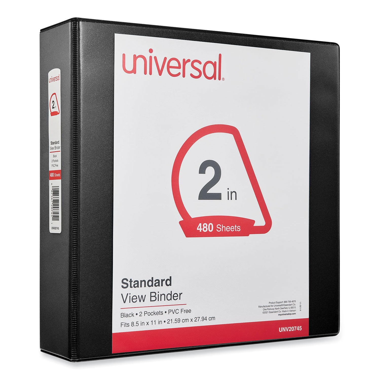 Universal® Slant D-Ring View Binder, 3 Rings, 2" Capacity, 11 x 8.5, Black