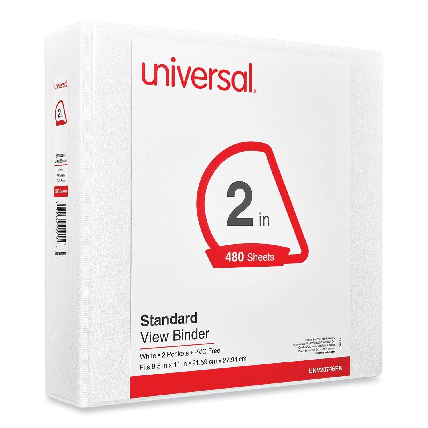 Universal® Slant D-Ring View Binder, 3 Rings, 2" Capacity, 11 x 8.5, White, 4/Pack