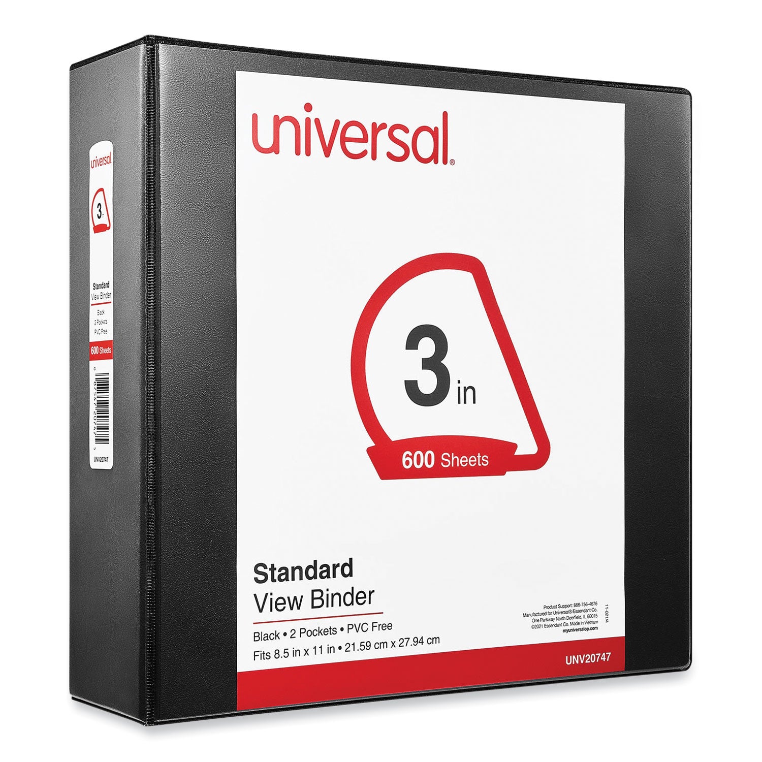 Universal® Slant D-Ring View Binder, 3 Rings, 3" Capacity, 11 x 8.5, Black