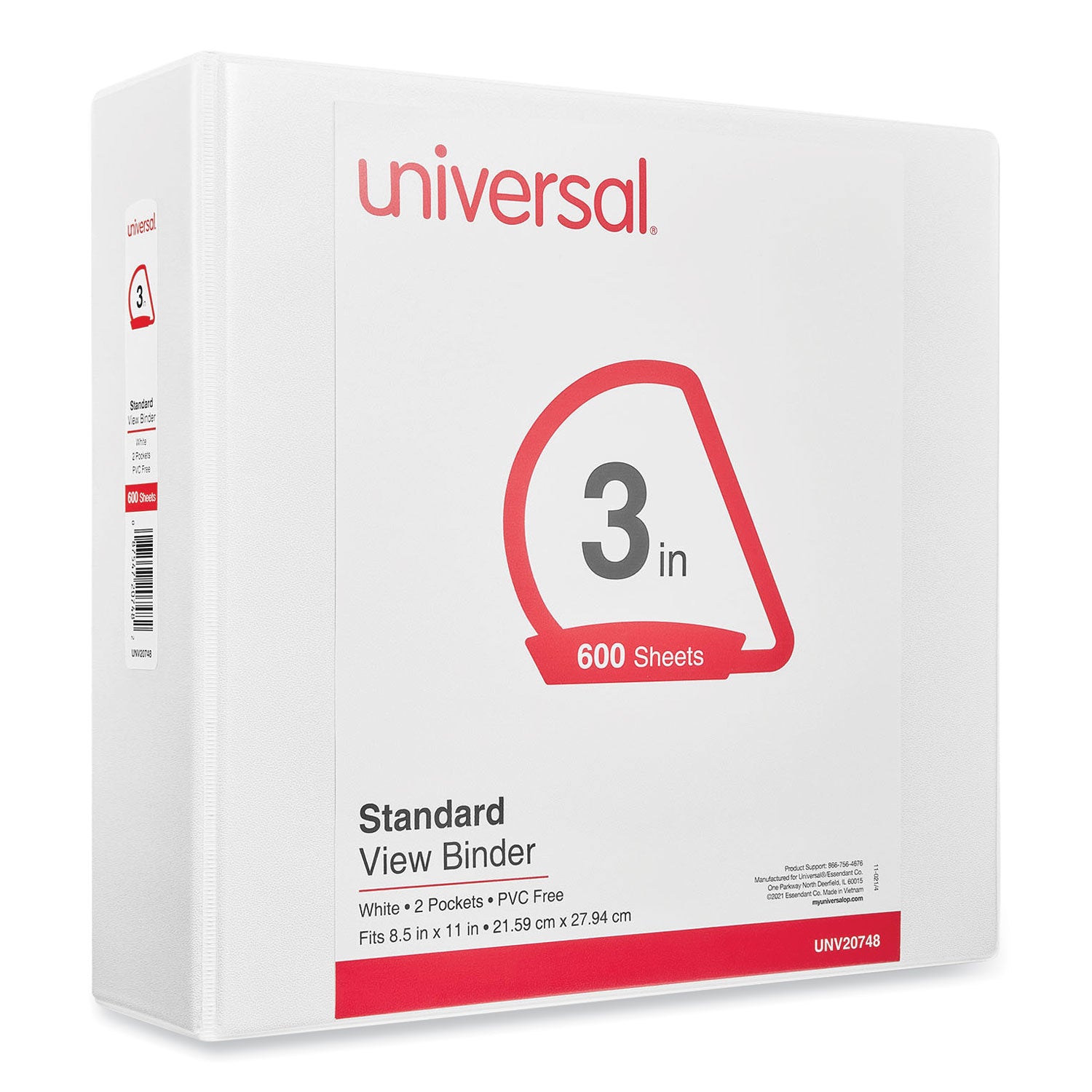 Universal® Slant D-Ring View Binder, 3 Rings, 3" Capacity, 11 x 8.5, White