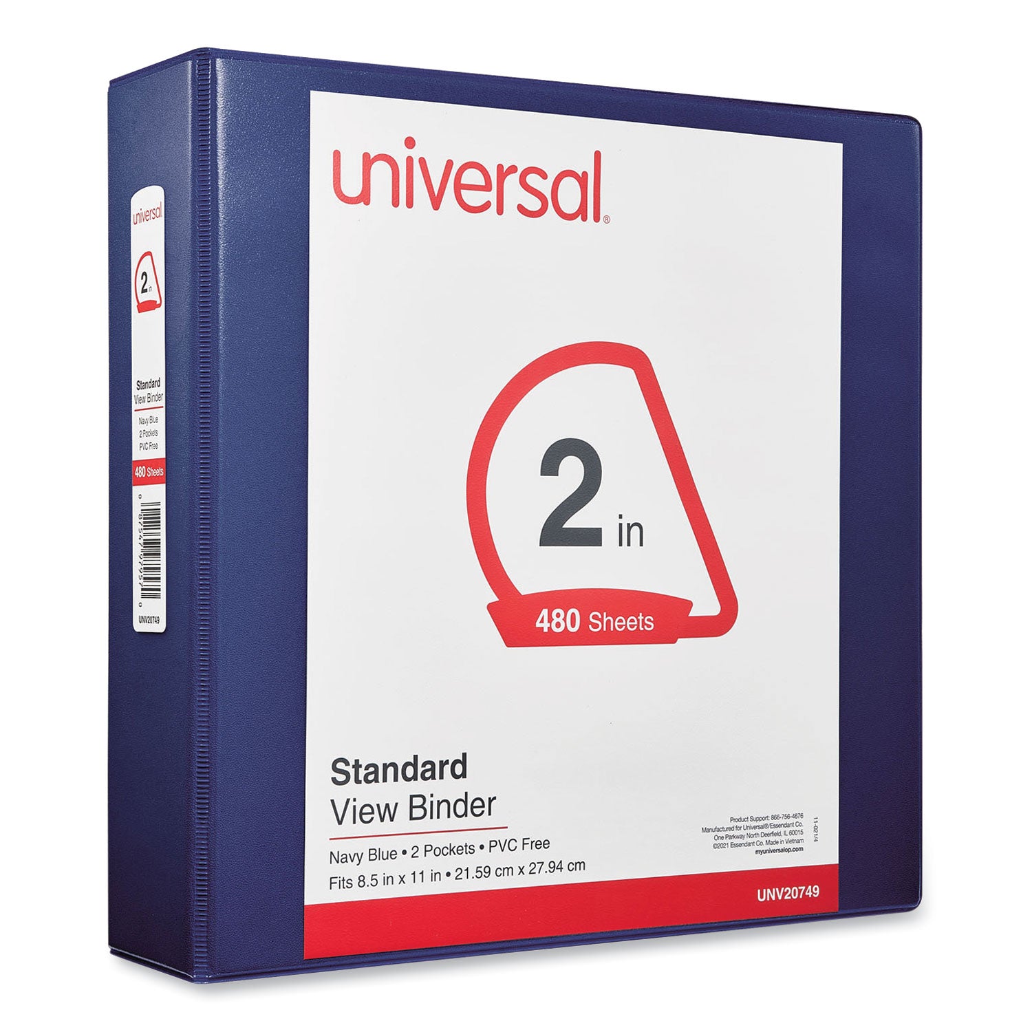 Universal® Slant D-Ring View Binder, 3 Rings, 2" Capacity, 11 x 8.5, Navy Blue