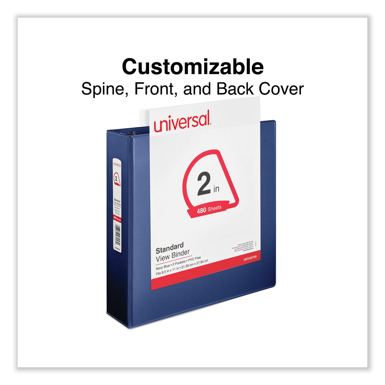 Universal® Slant D-Ring View Binder, 3 Rings, 2" Capacity, 11 x 8.5, Navy Blue