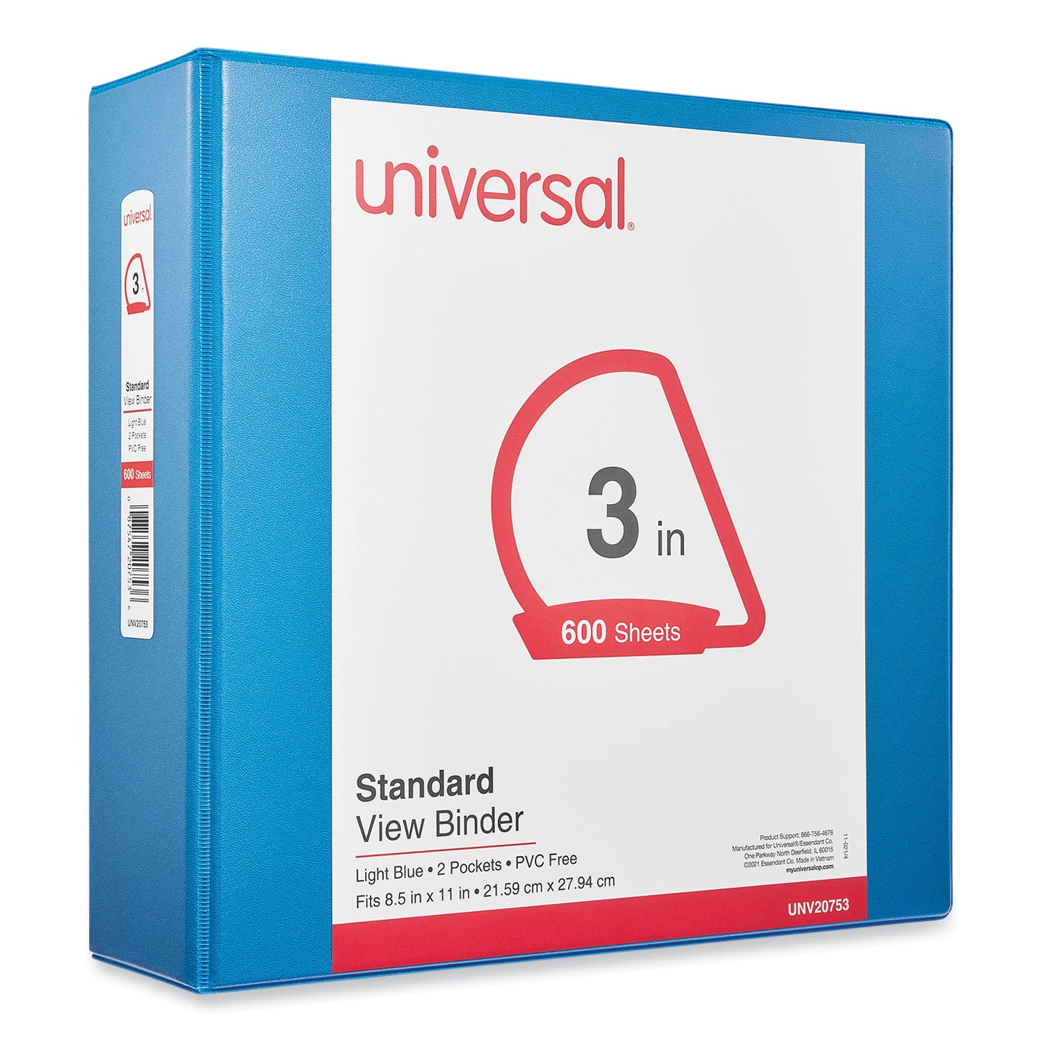 Universal® Slant D-Ring View Binder, 3 Rings, 3" Capacity, 11 x 8.5, Light Blue