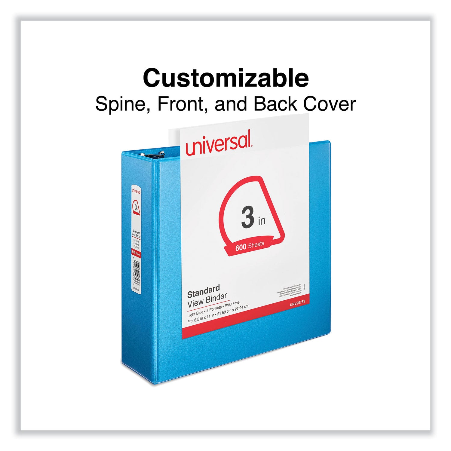 Universal® Slant D-Ring View Binder, 3 Rings, 3" Capacity, 11 x 8.5, Light Blue