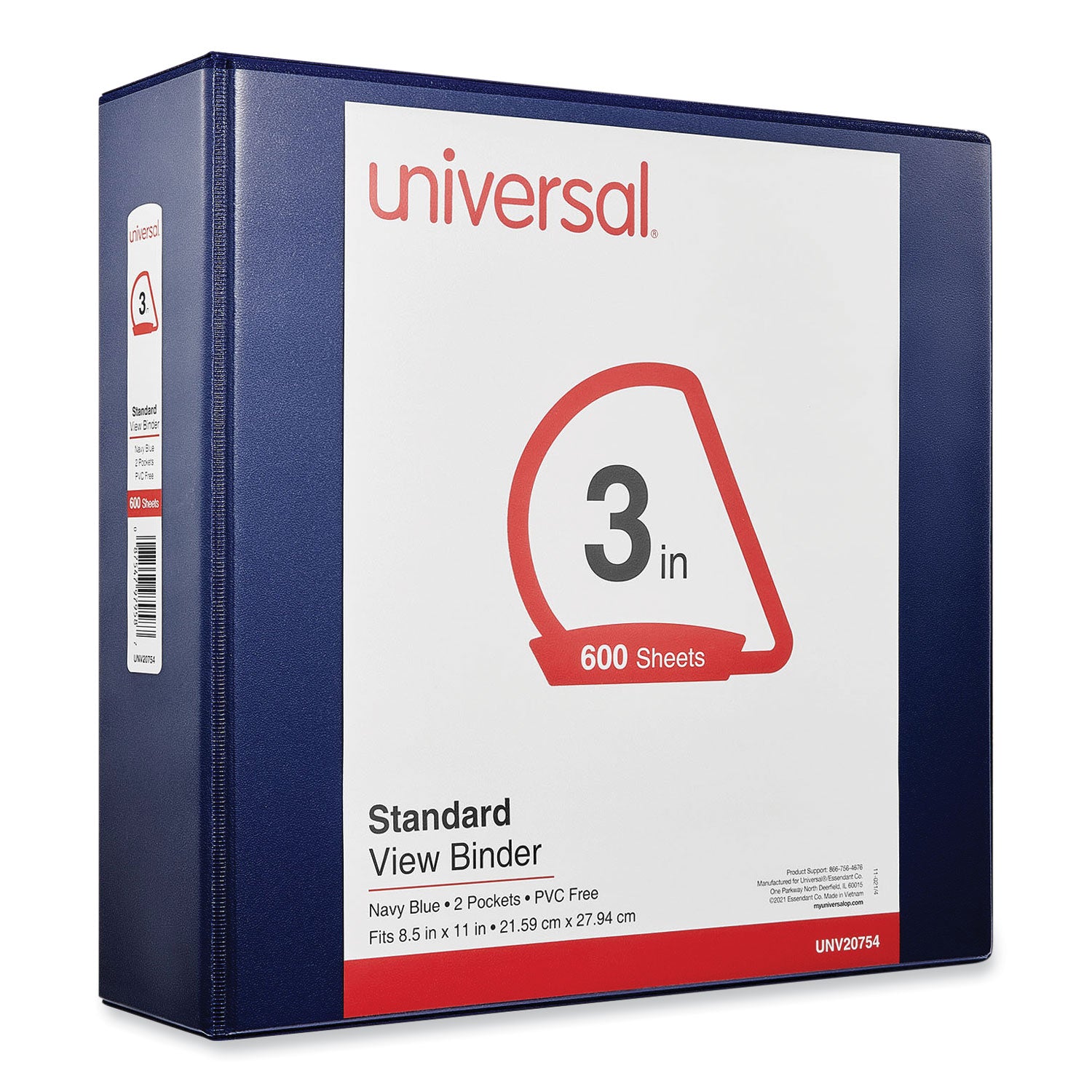 Universal® Slant D-Ring View Binder, 3 Rings, 3" Capacity, 11 x 8.5, Navy Blue