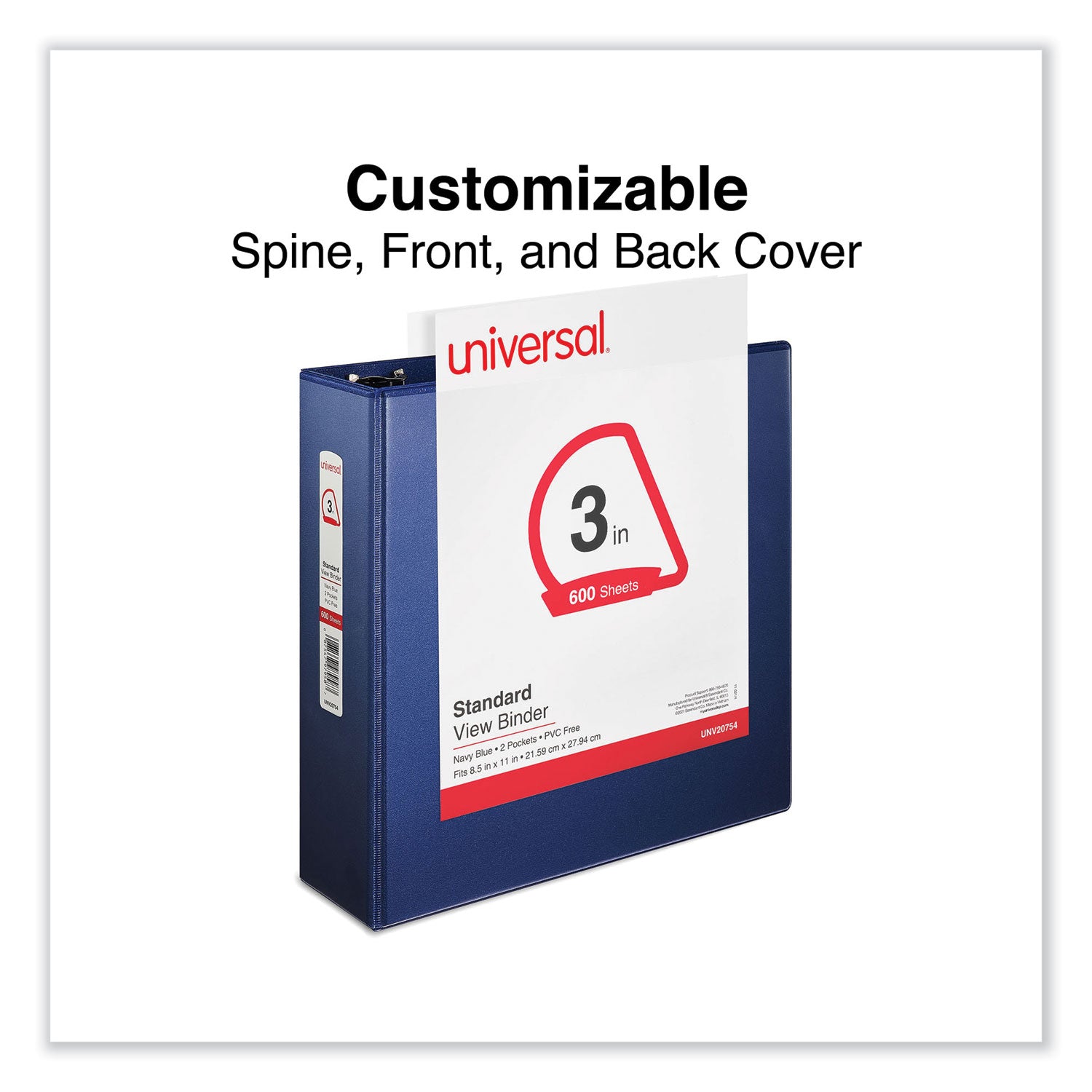 Universal® Slant D-Ring View Binder, 3 Rings, 3" Capacity, 11 x 8.5, Navy Blue