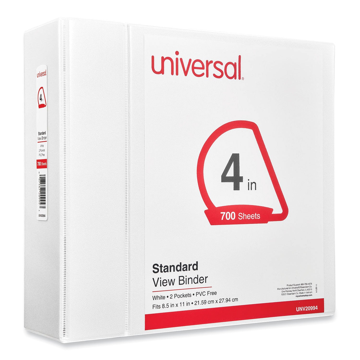 Universal® Slant D-Ring View Binder, 3 Rings, 4" Capacity, 11 x 8.5, White