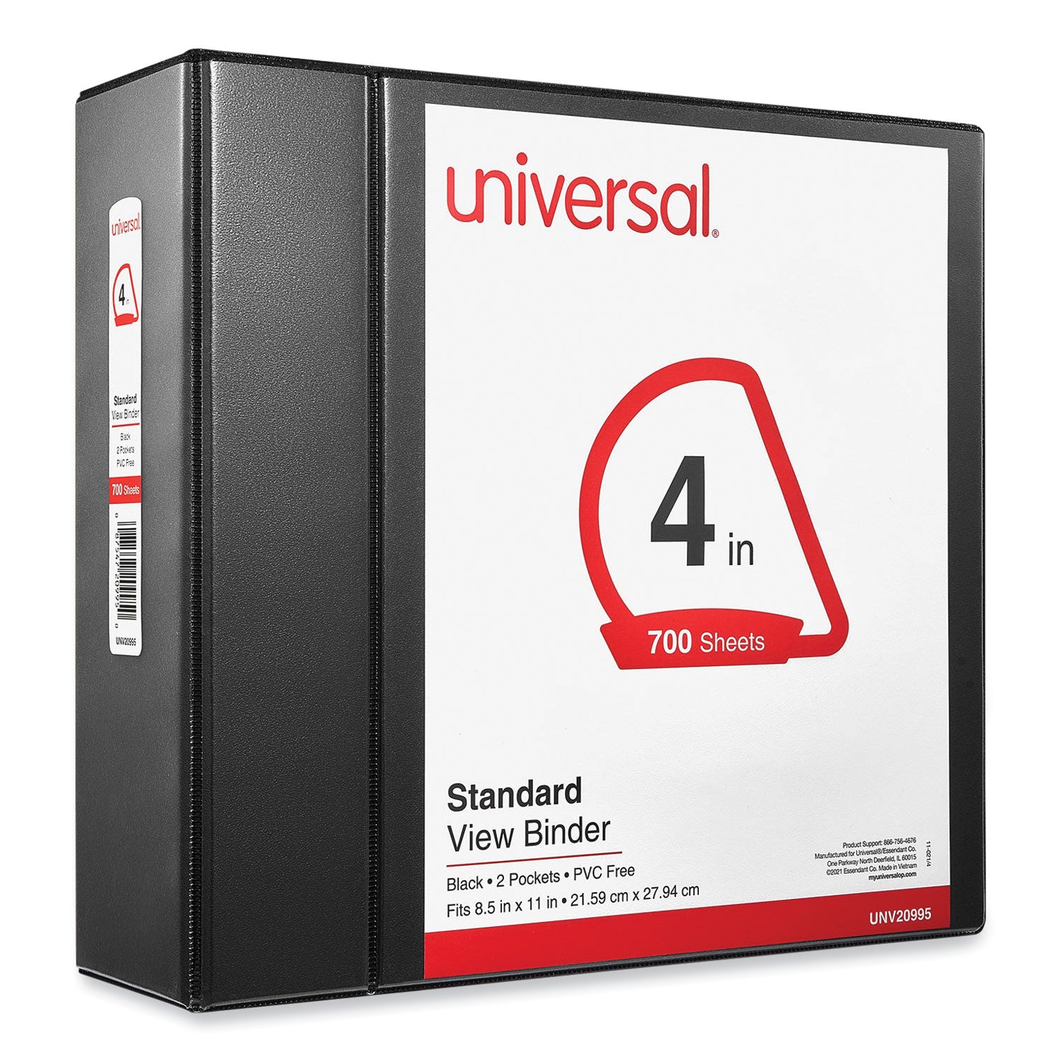 Universal® Slant D-Ring View Binder, 3 Rings, 4" Capacity, 11 x 8.5, Black