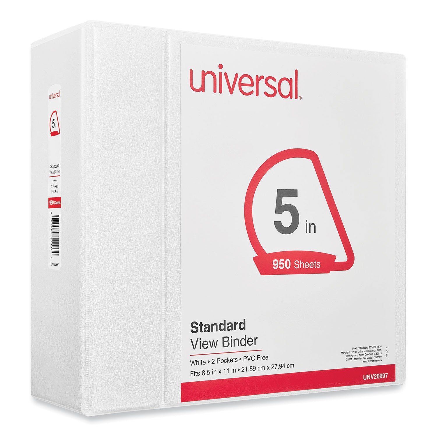 Universal® Slant D-Ring View Binder, 3 Rings, 5" Capacity, 11 x 8.5, White