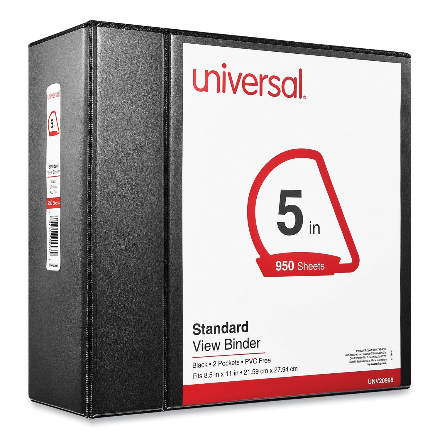 Universal® Slant D-Ring View Binder, 3 Rings, 5" Capacity, 11 x 8.5, Black