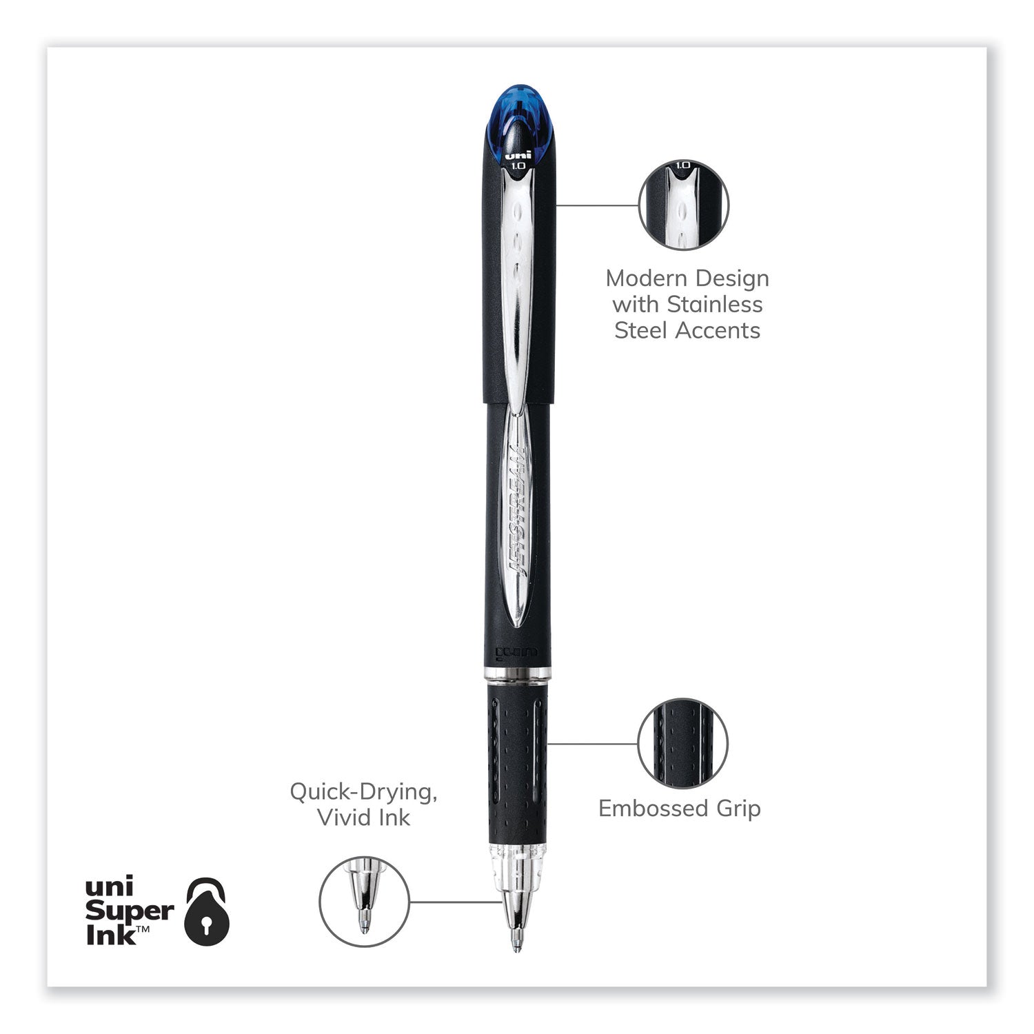 uniball® Jetstream Stick Hybrid Gel Pen, Bold 1 mm, Blue Ink, Black/Silver/Blue Barrel