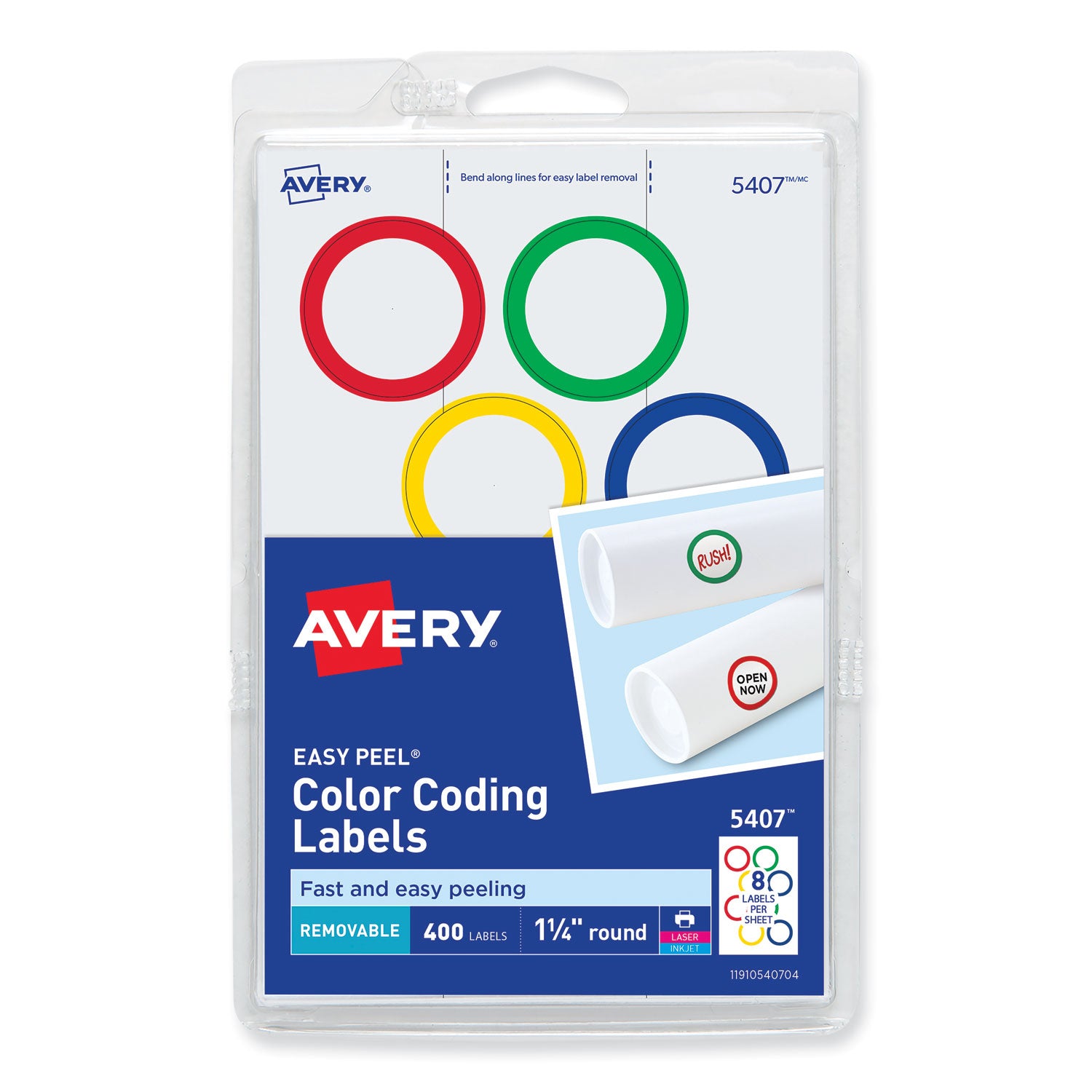 Printable Self-Adhesive Removable Color-Coding Labels, 1.25" dia, Assorted Colors, 8/Sheet, 50 Sheets/Box