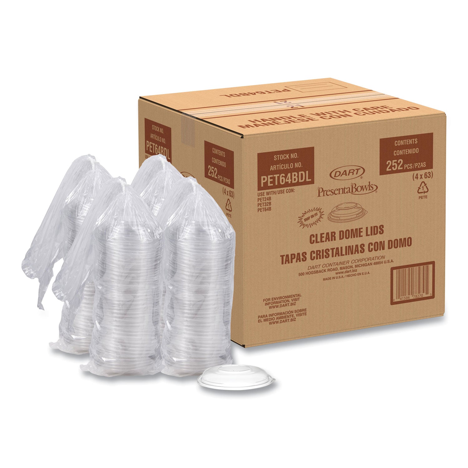 PresentaBowls Lids, Clear, Fits 24-64 oz Bowls, 7.3" Diameter x 1.1"hj, Plastic, 252/Carton