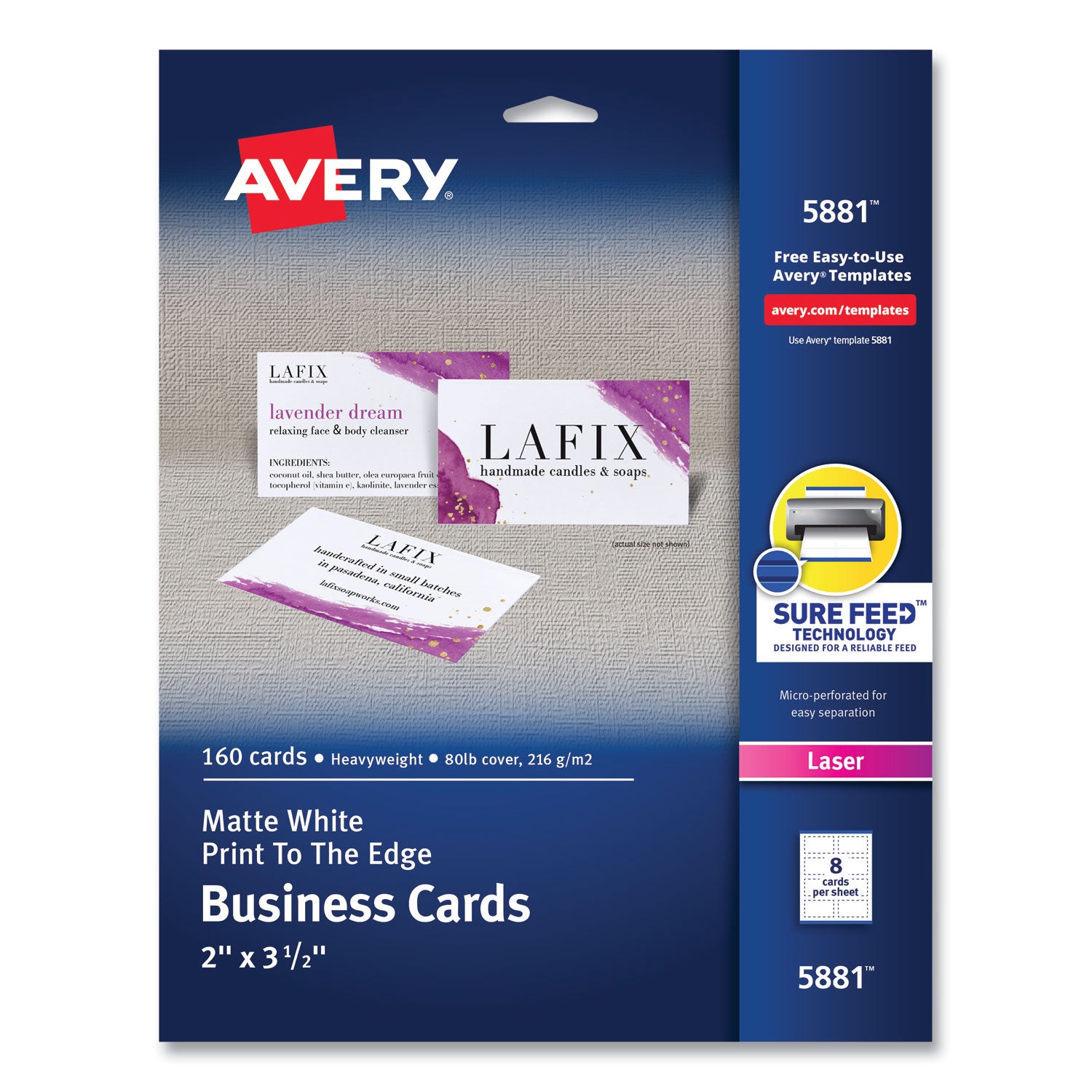 Print-to-the-Edge Microperf Business Cards w/Sure Feed Technology, Color Laser, 2x3.5, White, 160 Cards, 8/Sheet,20 Sheets/PK