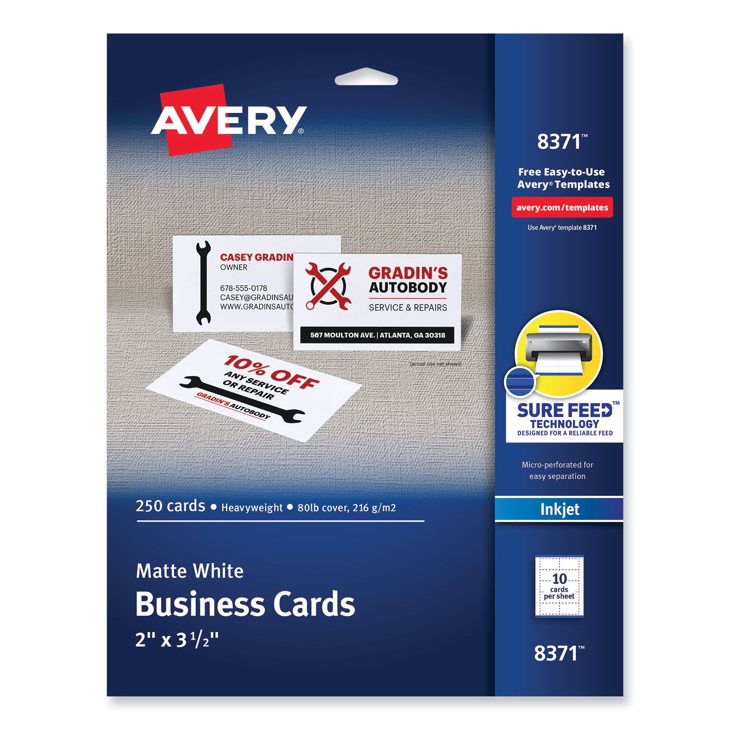 Printable Microperforated Business Cards w/Sure Feed Technology, Inkjet, 2 x 3.5, White,  250 Cards, 10/Sheet, 25 Sheets/Pack