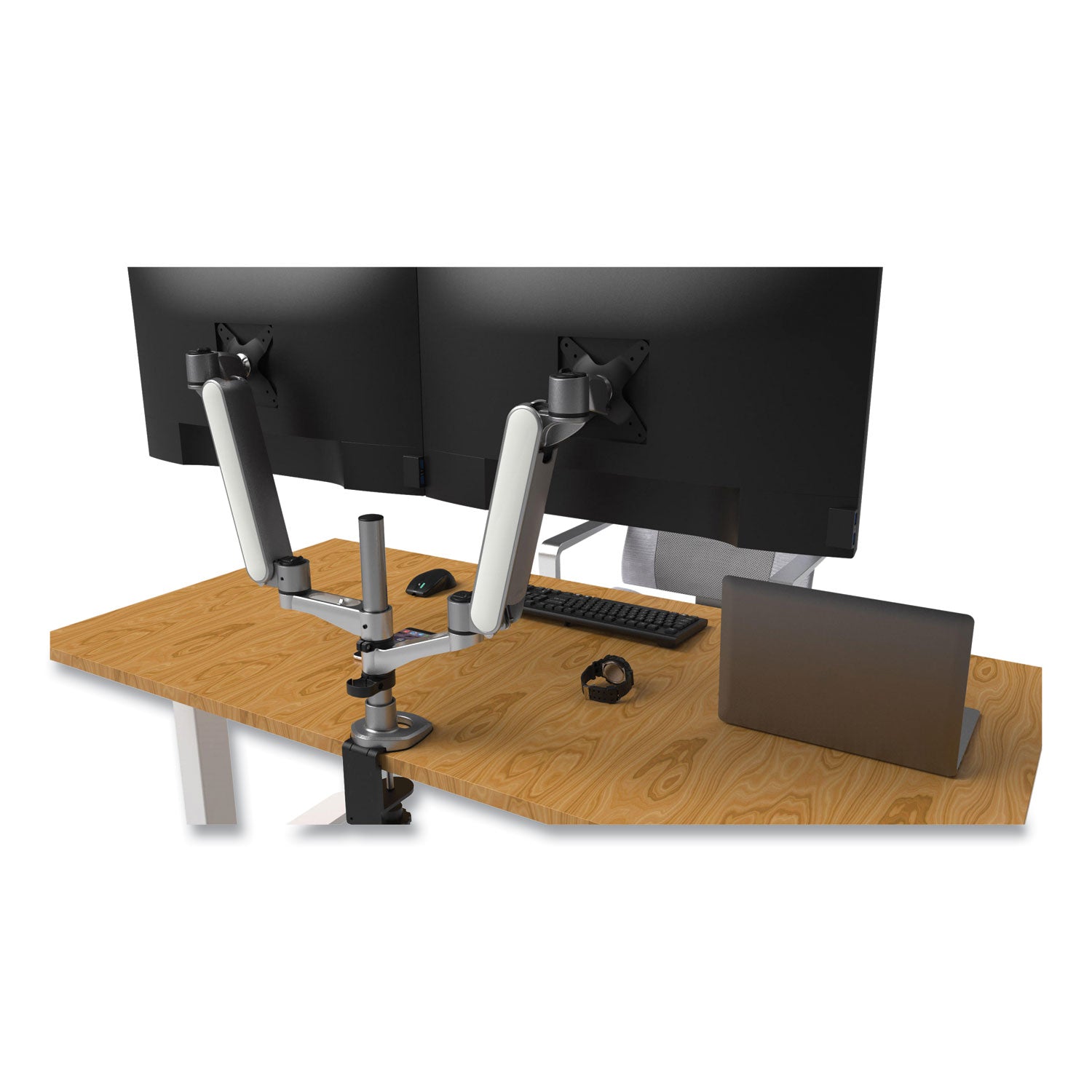 Kantek Multi-Directional Dual Monitor Arm, For 30" Monitors, 360 Deg Rotation, 105 Deg Tilt, 360 Deg Pan, Silver/WH, Supports 20 lbs