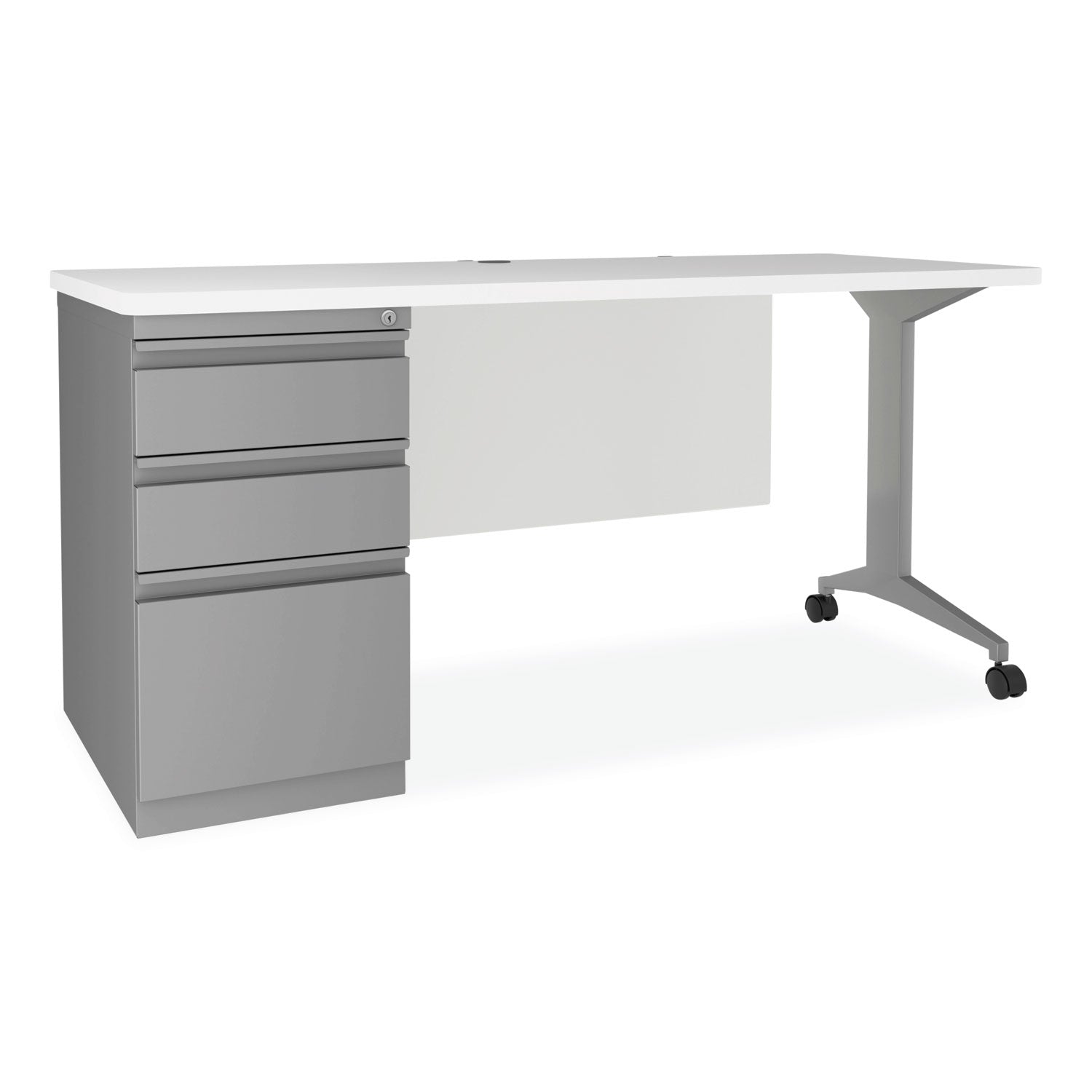 Alera® Modern Teacher Series Pedestal Desk, Left-Side Pedestal: Box/Box/File, 60" x 24" x 28.75", White/Silver