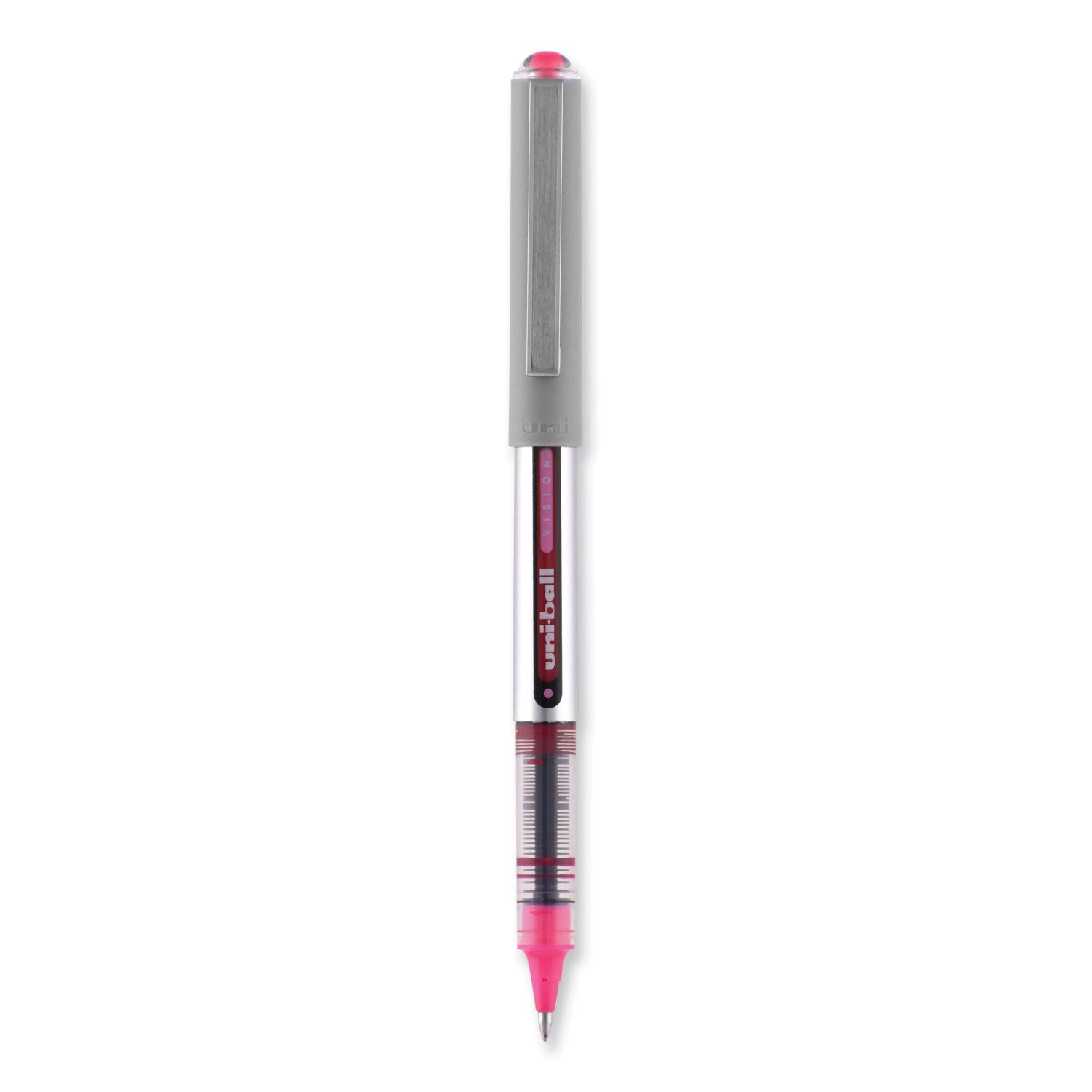 uniball® VISION Roller Ball Pen, Stick, Fine 0.7 mm, Pink Ink, Silver/Pink/Clear Barrel, Dozen