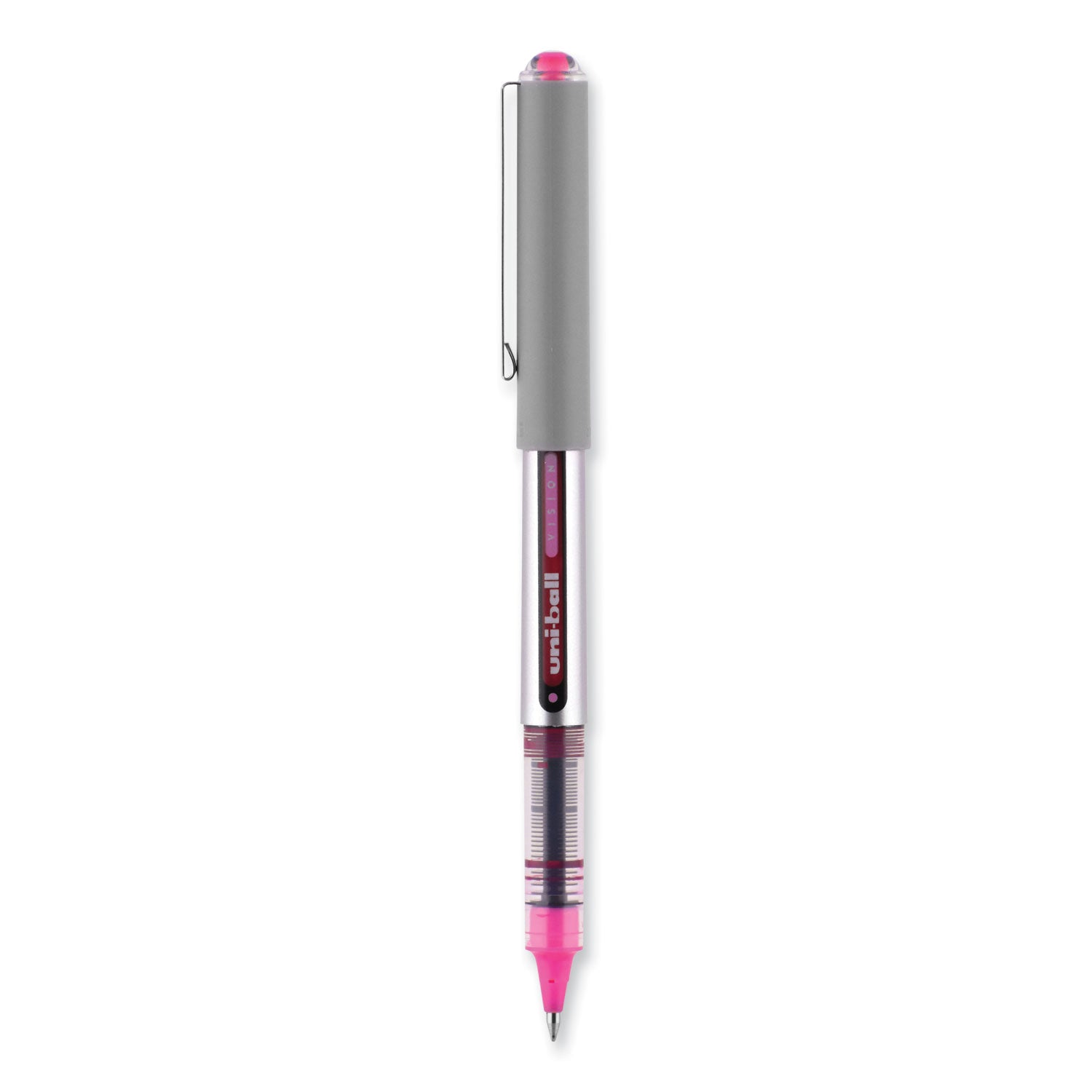 uniball® VISION Roller Ball Pen, Stick, Fine 0.7 mm, Pink Ink, Silver/Pink/Clear Barrel, Dozen