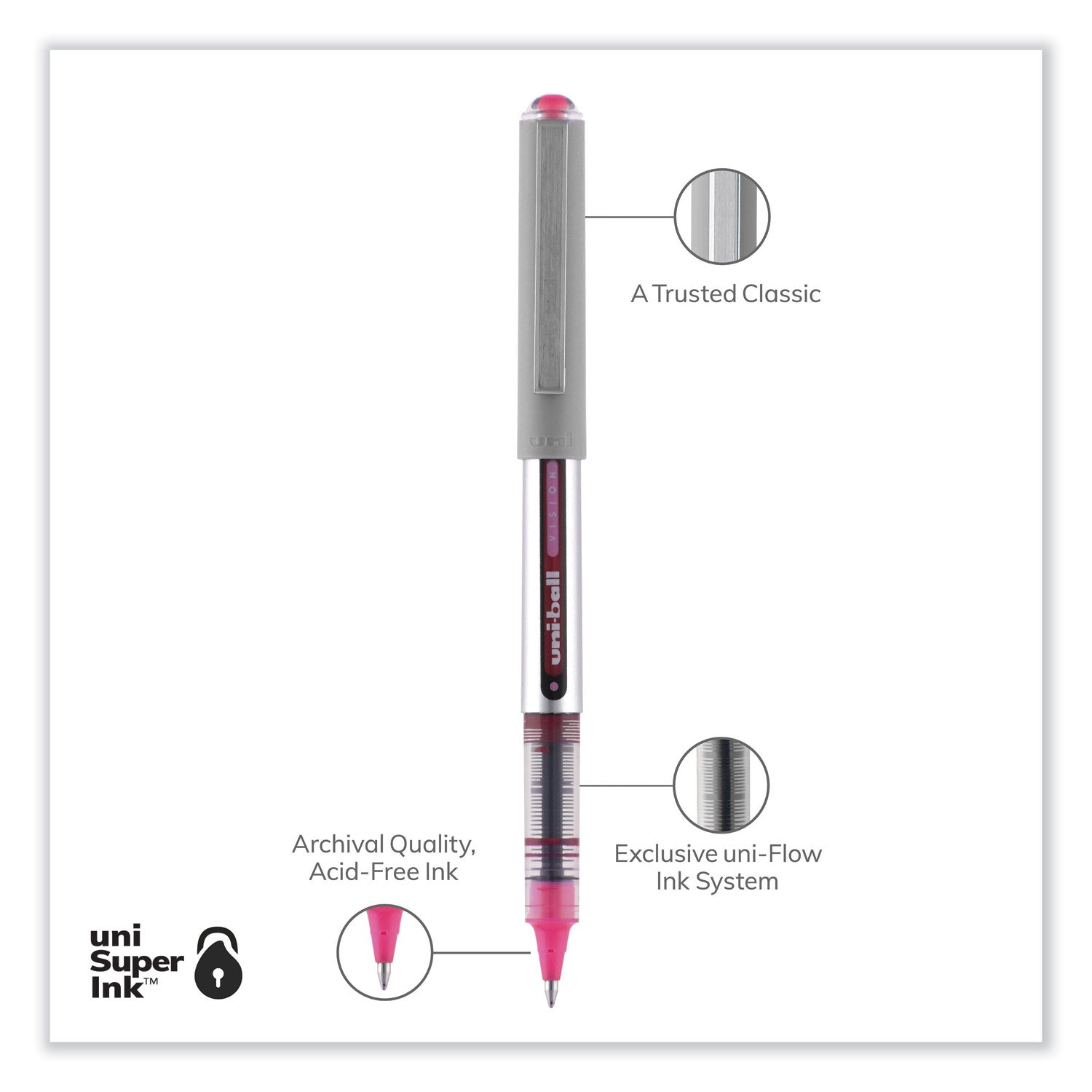 uniball® VISION Roller Ball Pen, Stick, Fine 0.7 mm, Pink Ink, Silver/Pink/Clear Barrel, Dozen