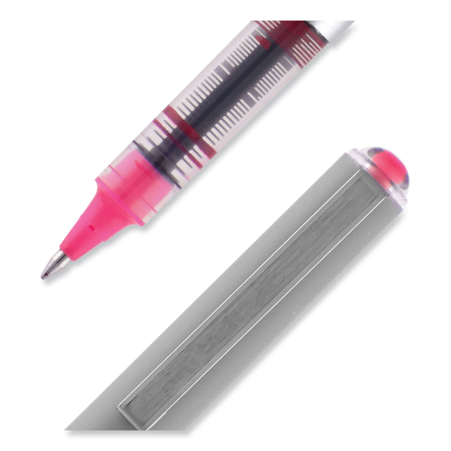 uniball® VISION Roller Ball Pen, Stick, Fine 0.7 mm, Pink Ink, Silver/Pink/Clear Barrel, Dozen