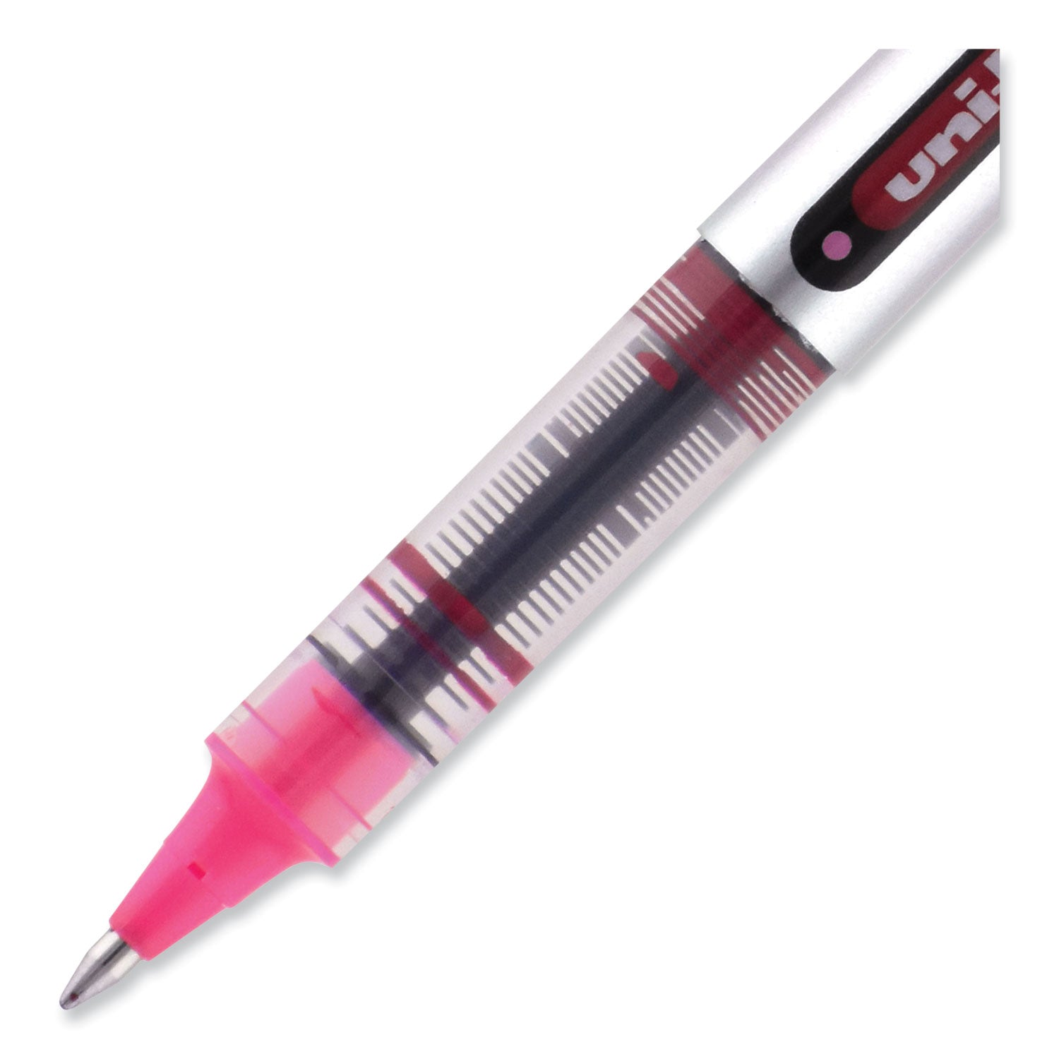 uniball® VISION Roller Ball Pen, Stick, Fine 0.7 mm, Pink Ink, Silver/Pink/Clear Barrel, Dozen