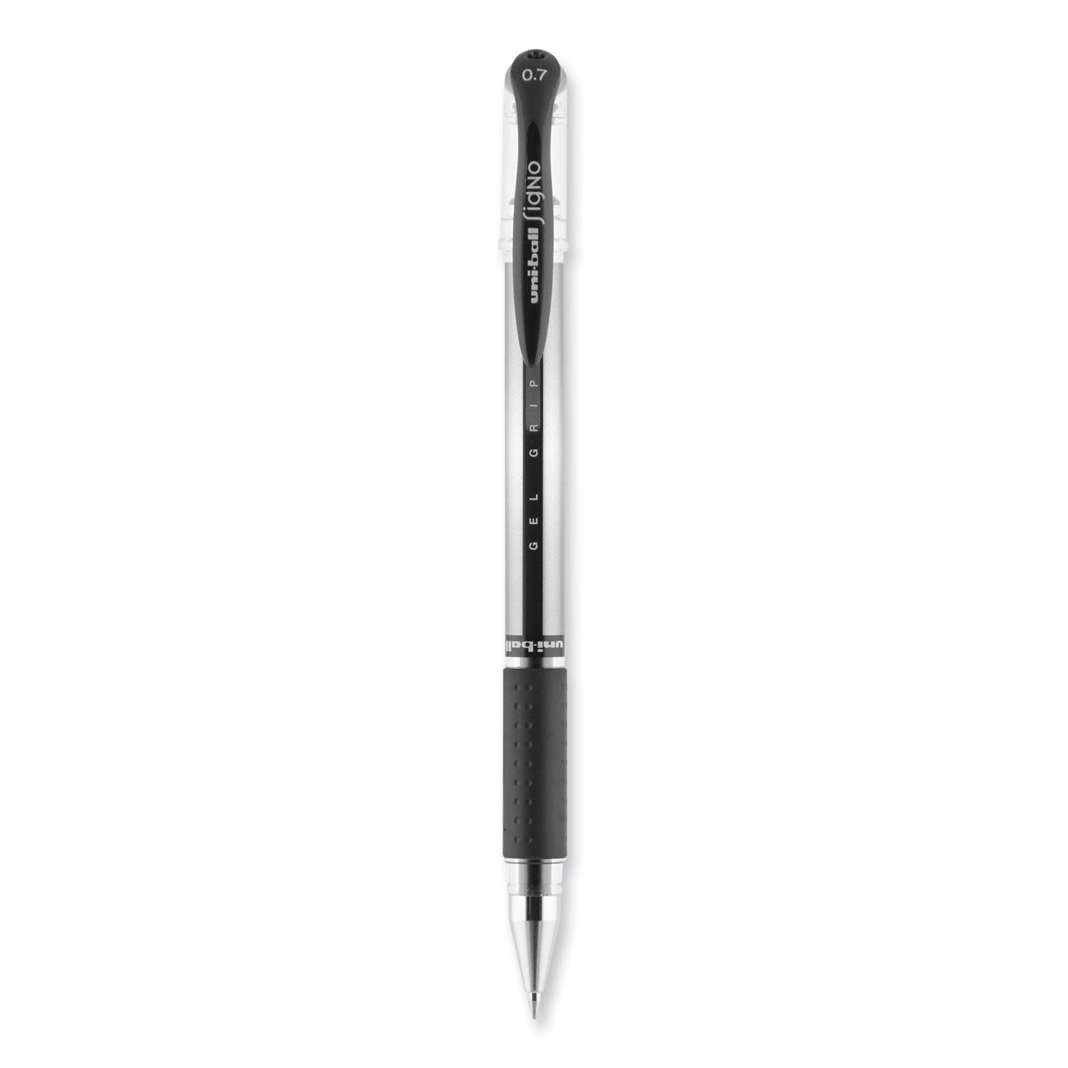 uniball® Signo GRIP Gel Pen, Stick, Medium 0.7 mm, Black Ink, Clear/Black/Silver Barrel, Dozen