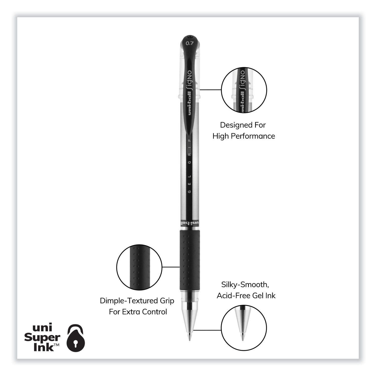 uniball® Signo GRIP Gel Pen, Stick, Medium 0.7 mm, Black Ink, Clear/Black/Silver Barrel, Dozen