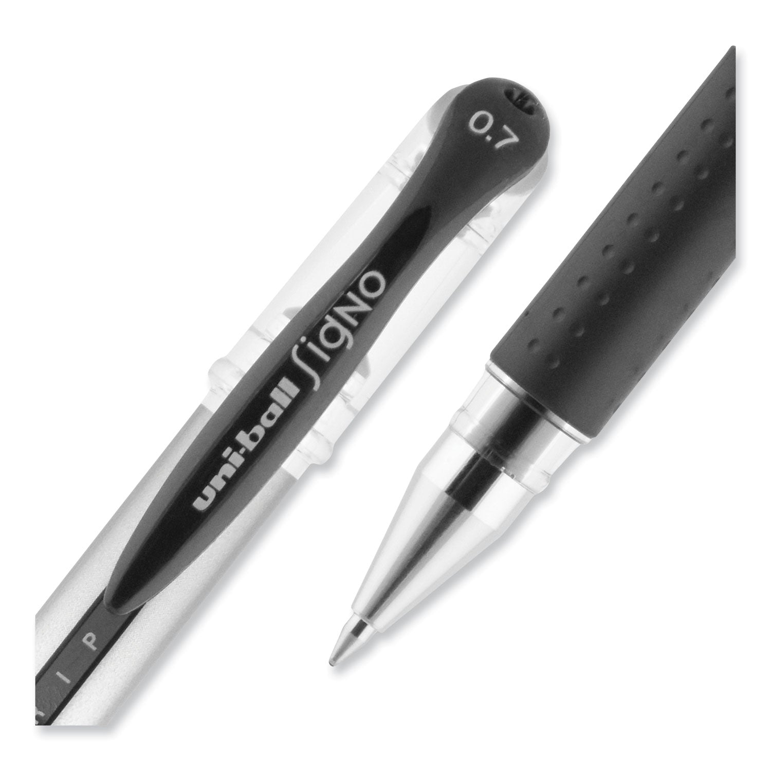 uniball® Signo GRIP Gel Pen, Stick, Medium 0.7 mm, Black Ink, Clear/Black/Silver Barrel, Dozen