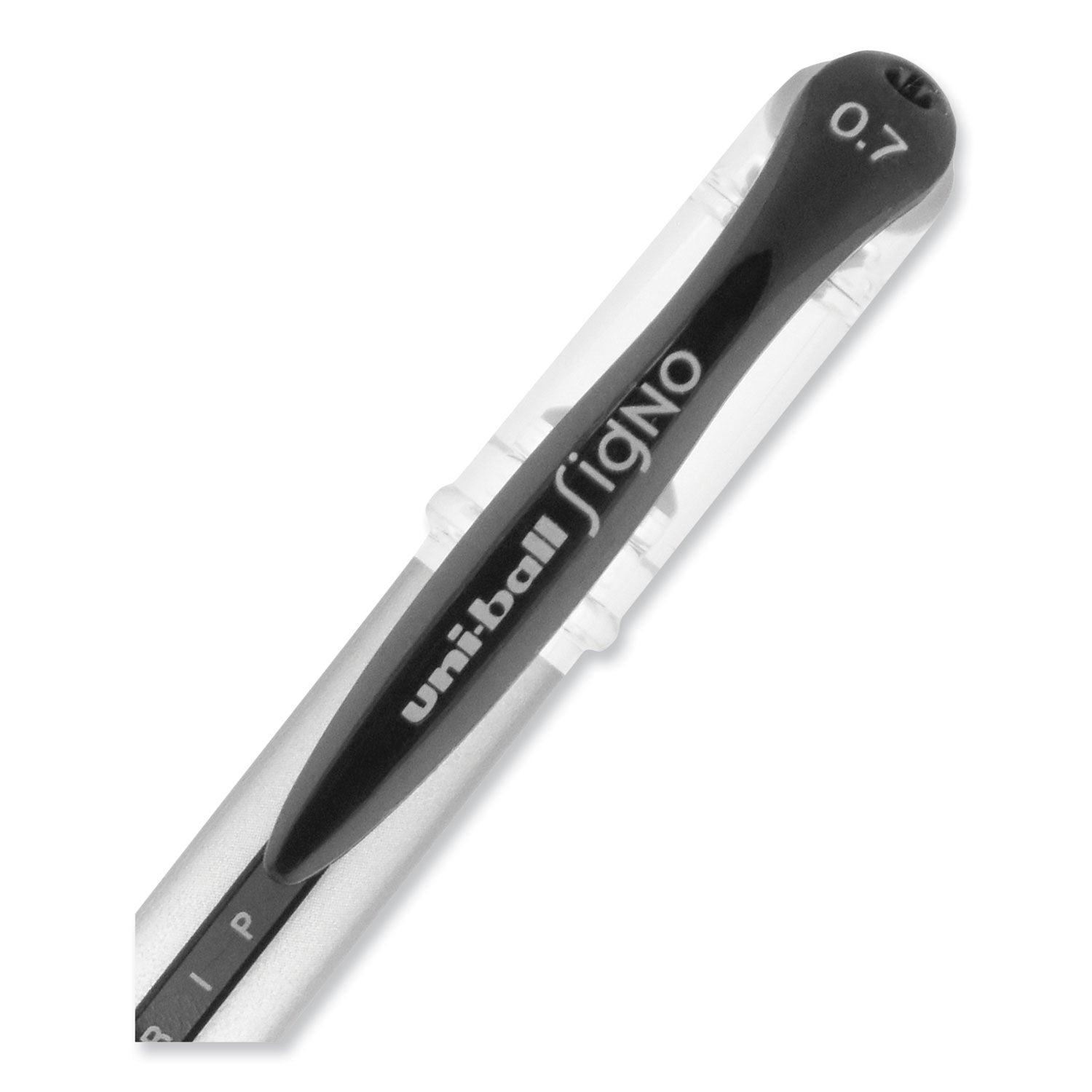 uniball® Signo GRIP Gel Pen, Stick, Medium 0.7 mm, Black Ink, Clear/Black/Silver Barrel, Dozen