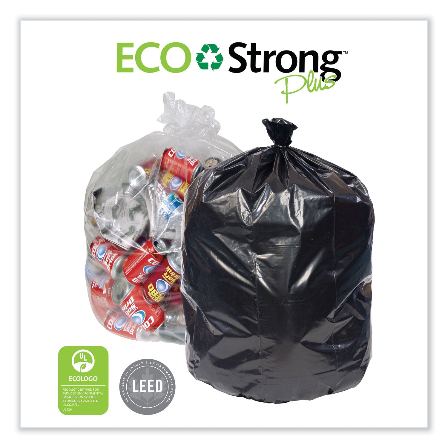 Pitt Plastics Eco Strong Plus Can Liners, 33 gal, 1 mil, 33" x 39", Black, Perforated Roll, 150/Carton