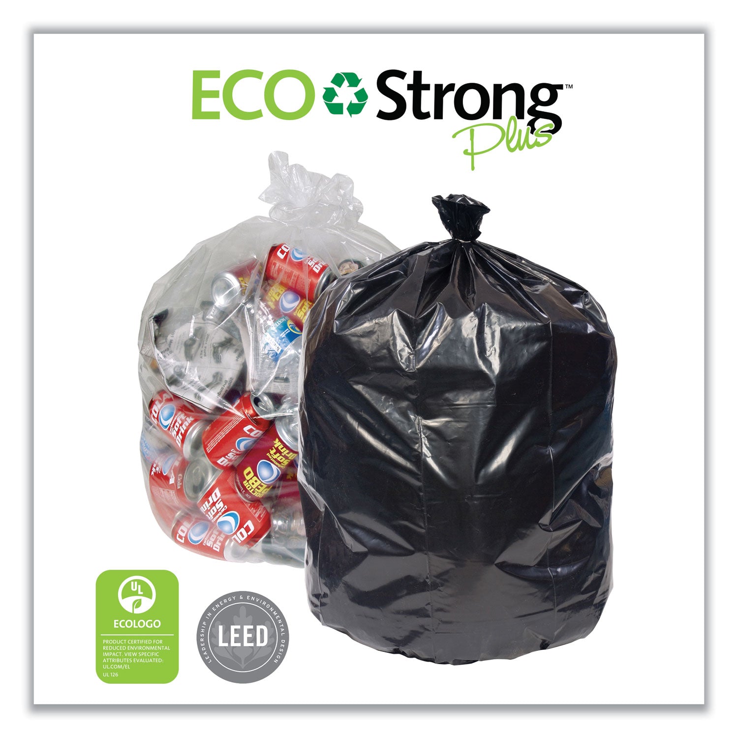 Pitt Plastics Eco Strong Plus Can Liners, 40 gal, 14 mic, 40" x 46", Natural, Perforated Roll, 250/Carton