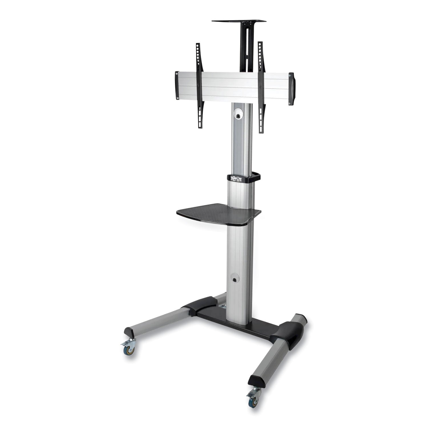 Flat Panel Floor Stand, Tilt Range: -12 to +5, Metal, 1 Shelf, 110 lb Capacity, 32.6" x 27.6" x 81.5", Silver/Black