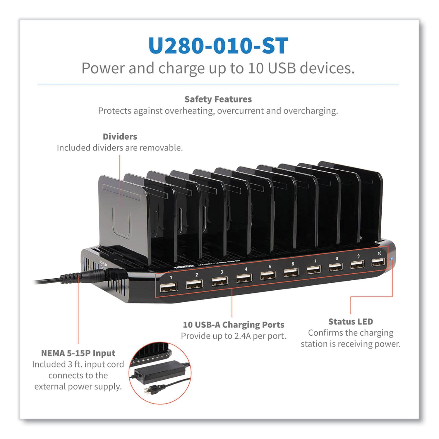 Tripp Lite by Eaton Desktop Charging Station with Adjustable Storage, 10 Devices, 9.4 x 4.7 x 1, Black