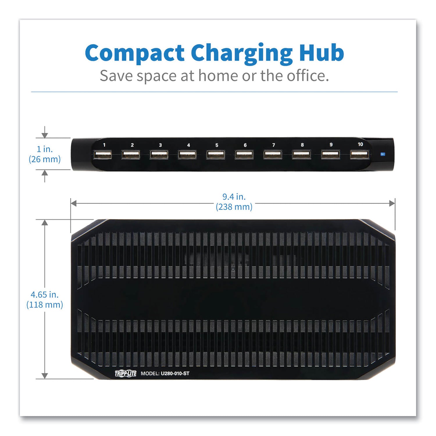 Tripp Lite by Eaton Desktop Charging Station with Adjustable Storage, 10 Devices, 9.4 x 4.7 x 1, Black