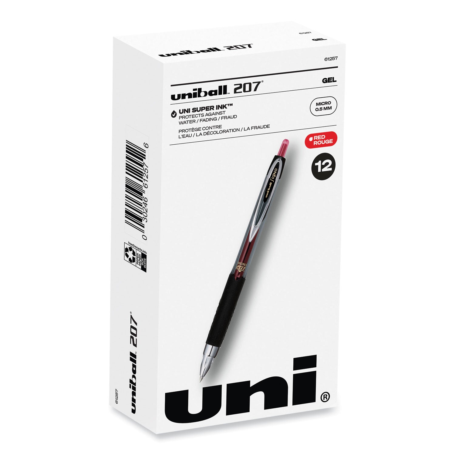 Signo 207 Gel Pen, Retractable, Fine 0.5 mm, Red Ink, Smoke/Black/Red Barrel, Dozen