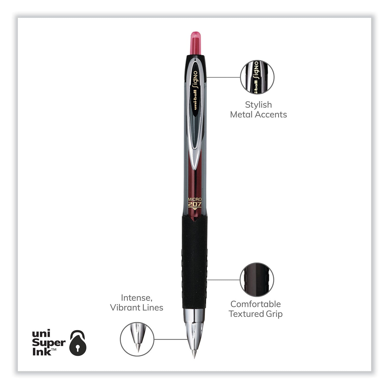 uniball® Signo 207 Gel Pen, Retractable, Fine 0.5 mm, Red Ink, Smoke/Black/Red Barrel, Dozen