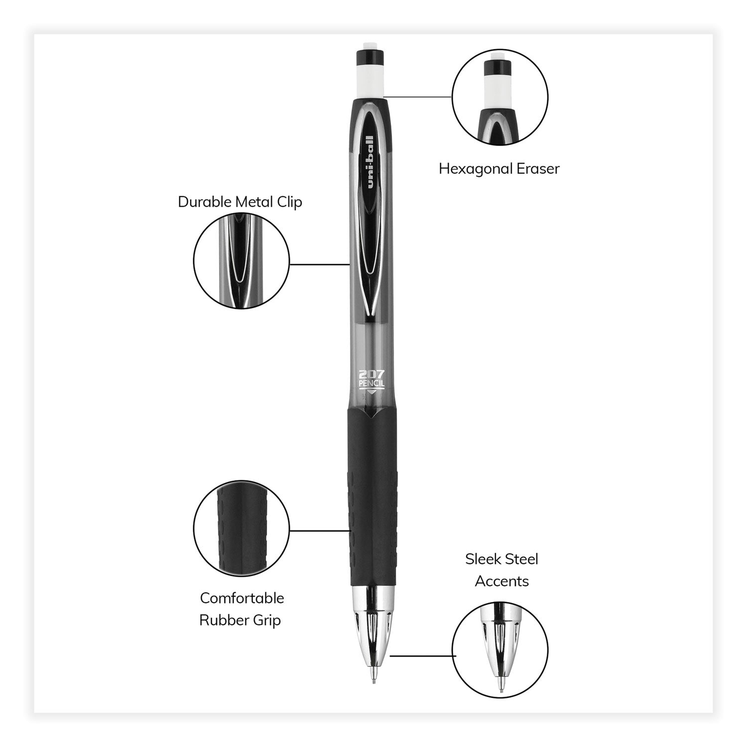 uniball® 207 Mechanical Pencil, 0.7 mm, HB (#2), Black Lead, Black Barrel, Dozen