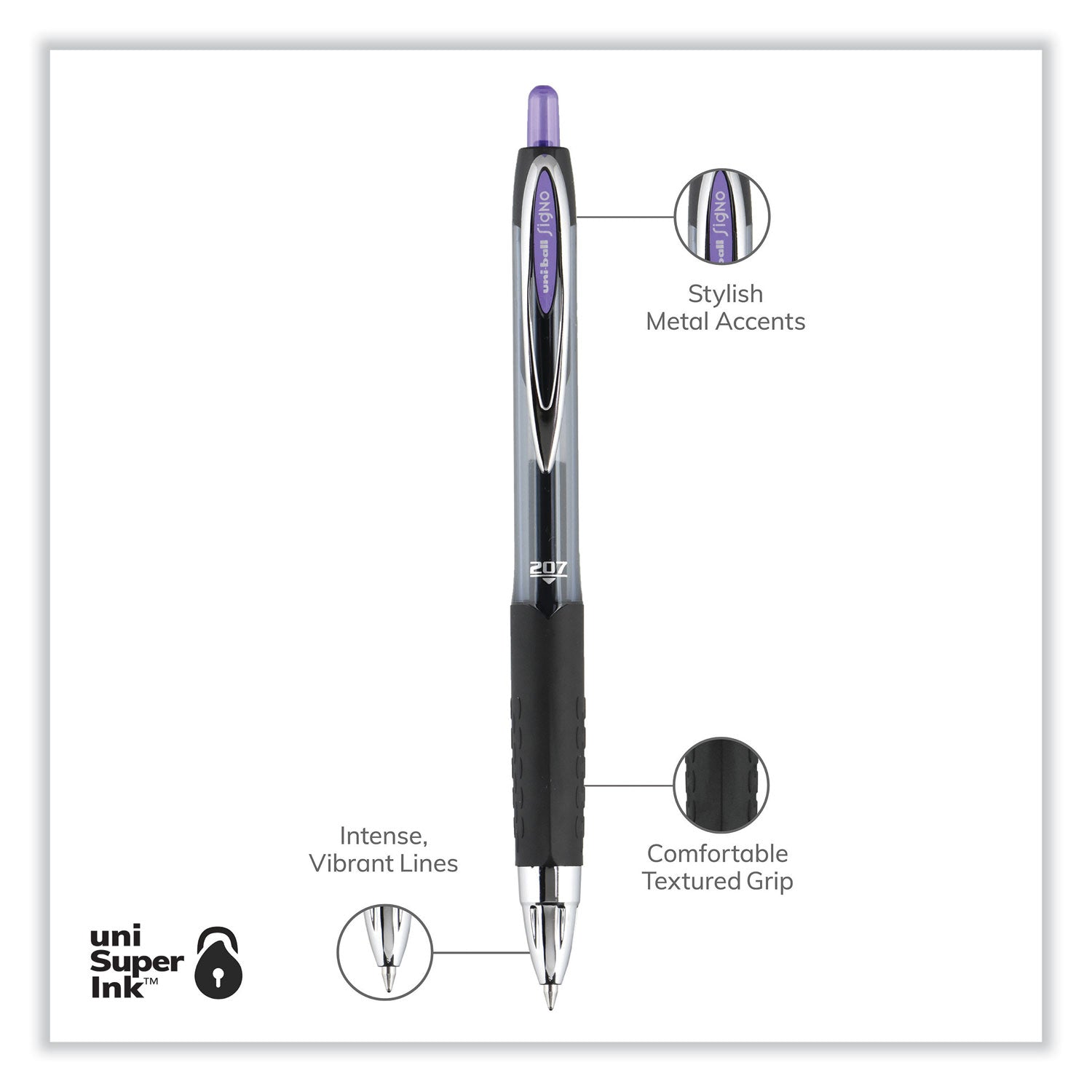 uniball® Signo 207 Gel Pen, Retractable, Medium 0.7 mm, Violet Ink, Smoke/Black/Violet Barrel, Dozen