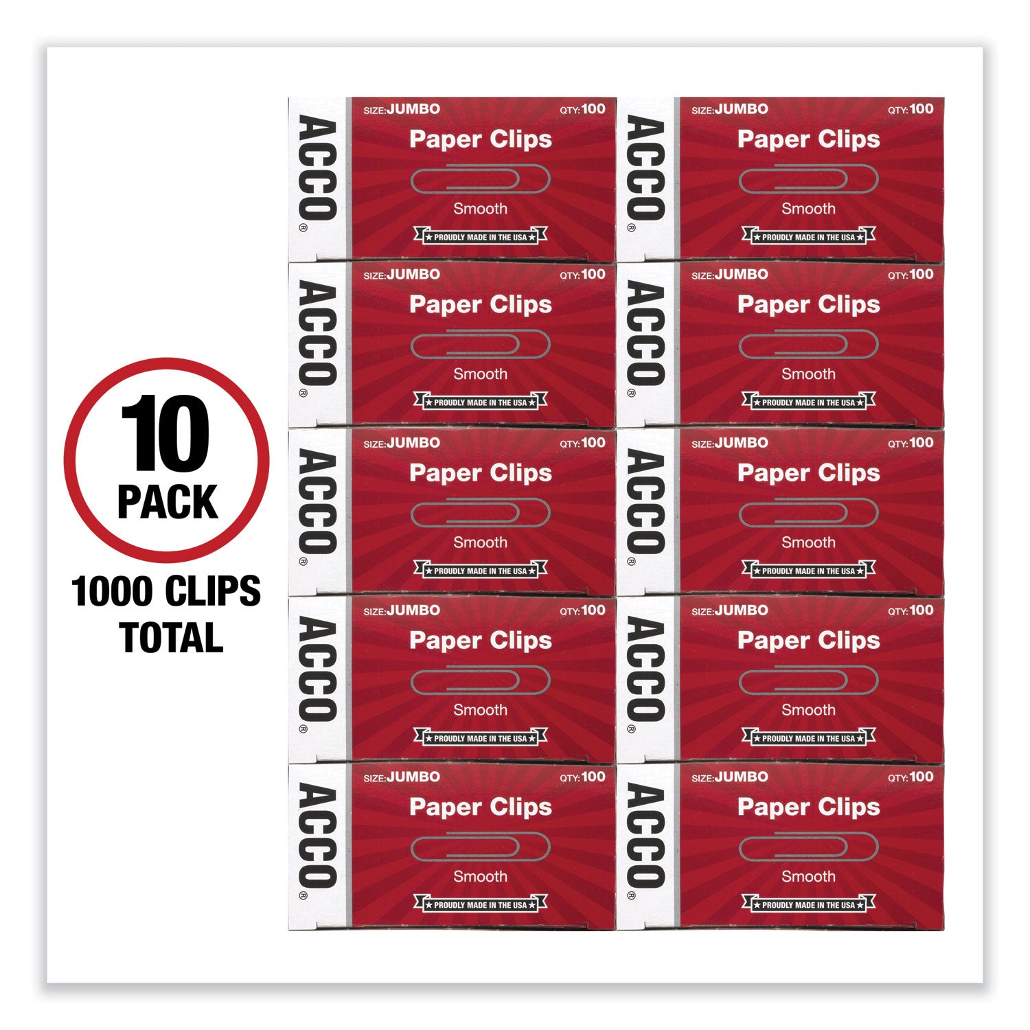 ACCO Paper Clips, Jumbo, Smooth, Silver, 100 Clips/Box, 10 Boxes/Pack