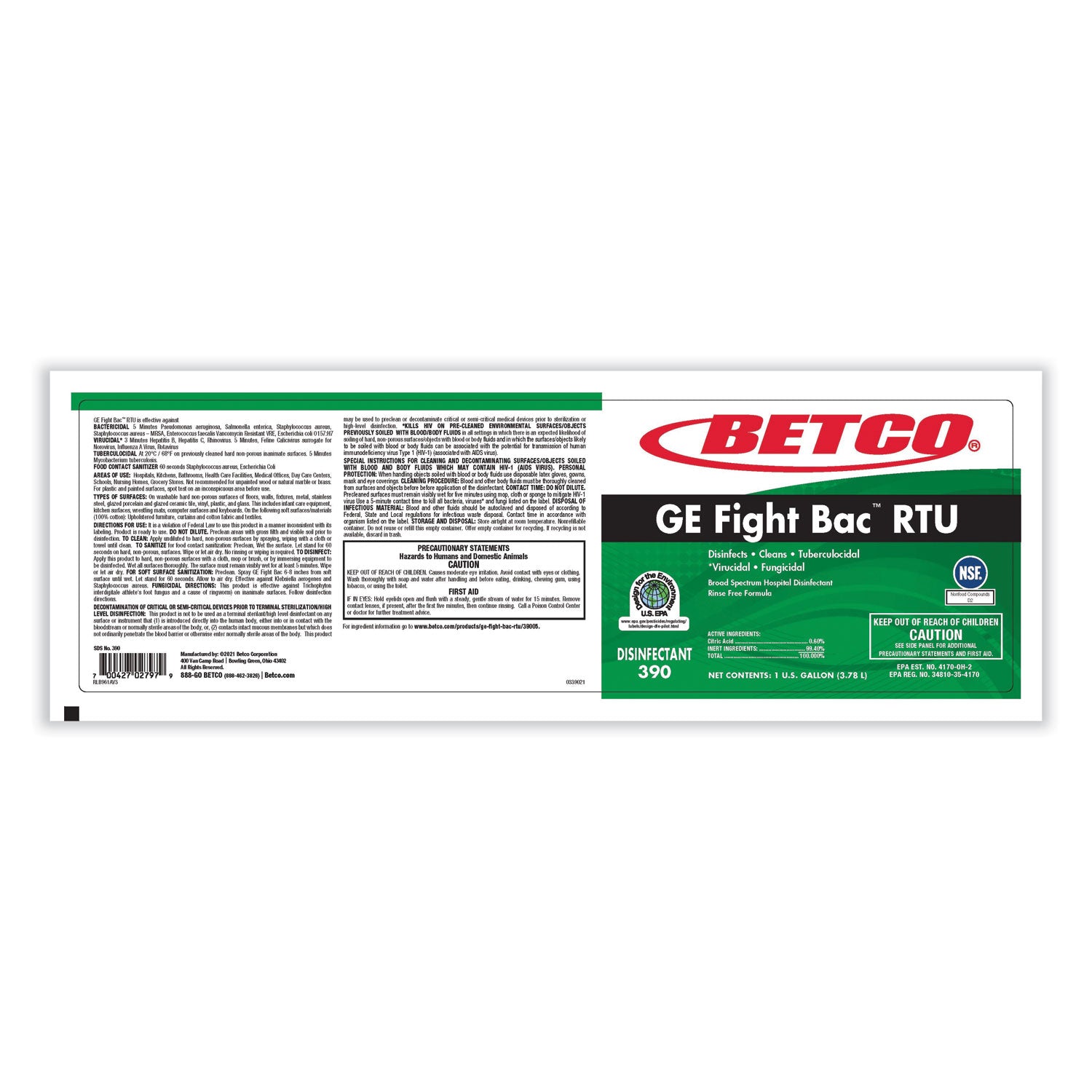 Betco® GE Fight Bac RTU Disinfectant, Fresh Scent, 1 gal Bottle