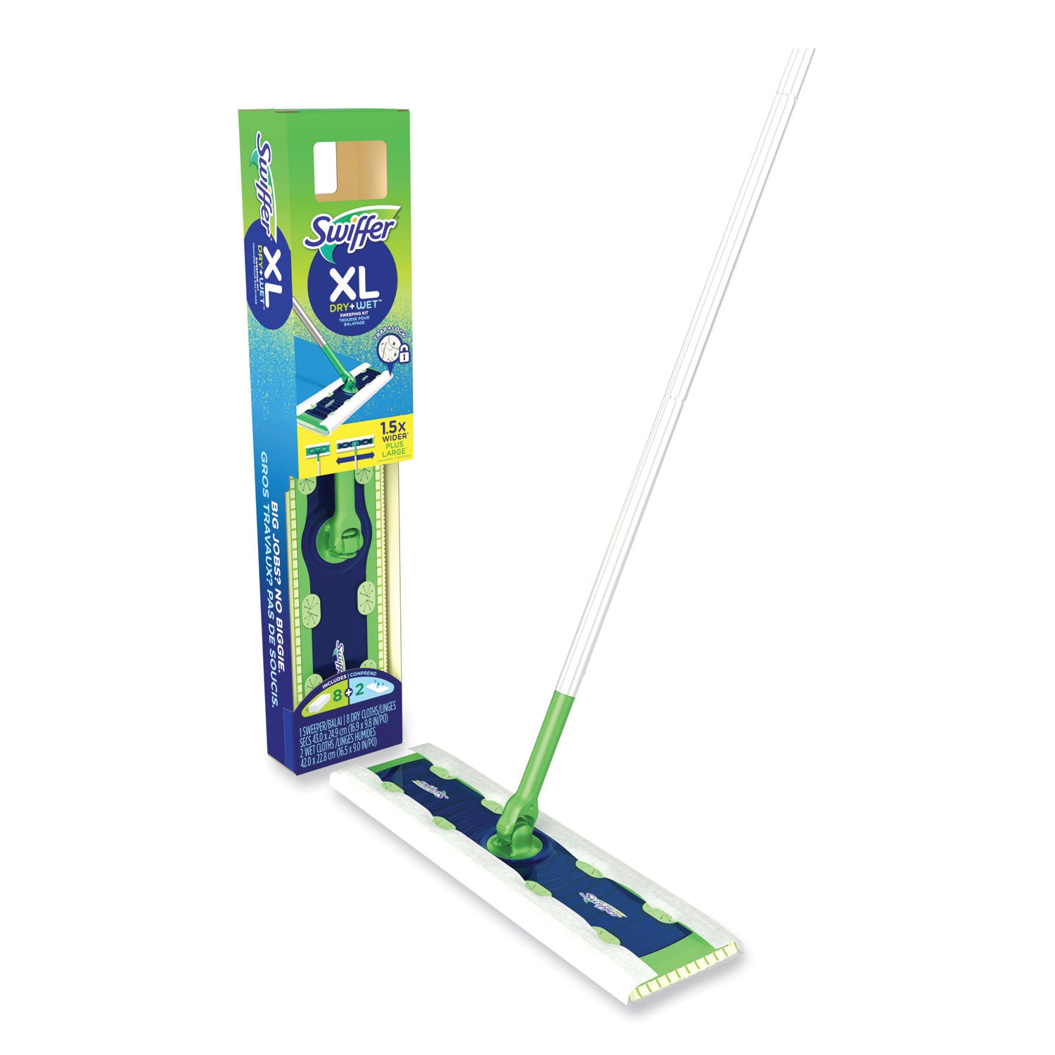 Swiffer® Sweeper Mop, 16.5 x 9 White Cloth Head, 46" Green/Silver Aluminum/Plastic Handle