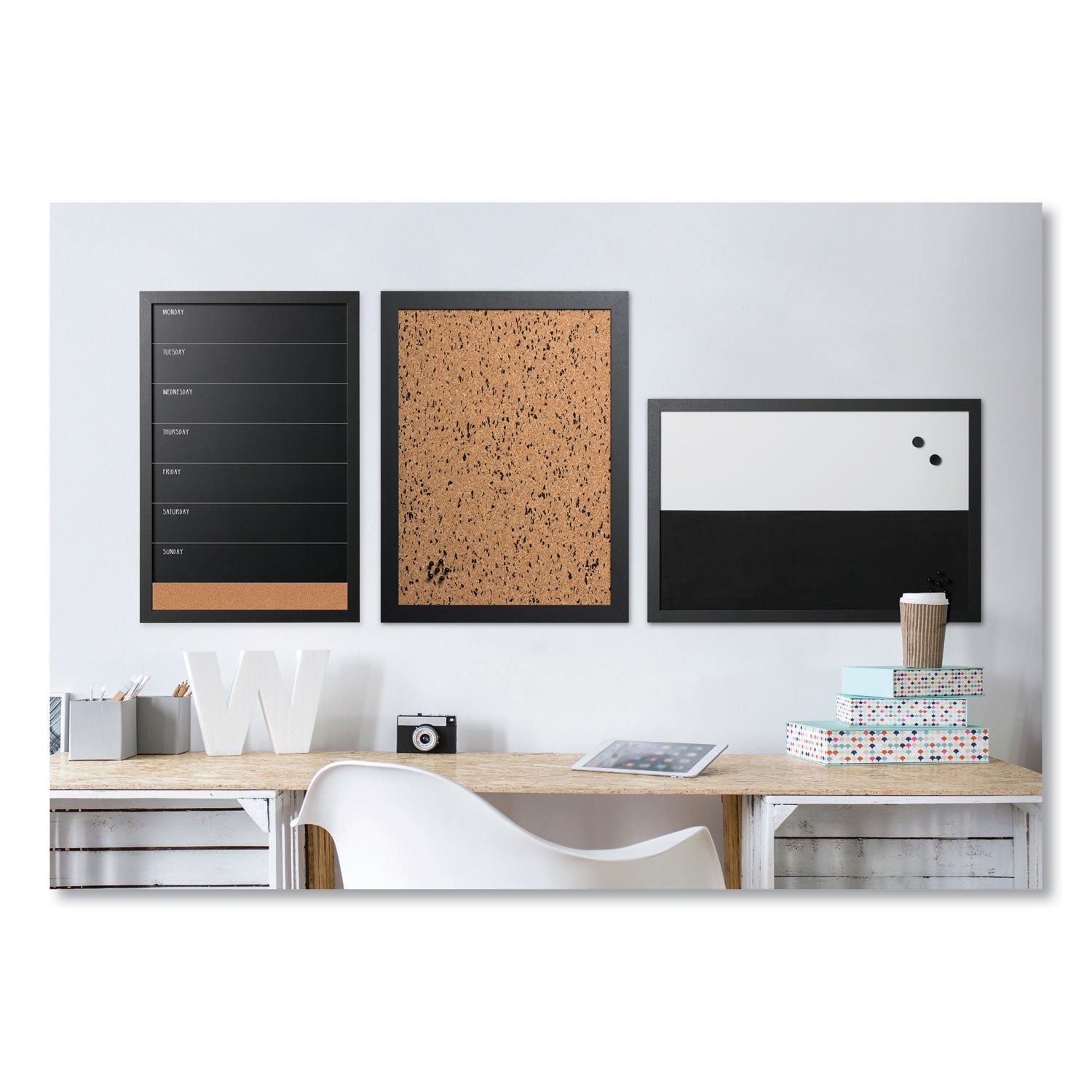 MasterVision® Black/White Message Board Set: (1) Bulletin, (1) Bulletin/Chalk Planner, (1) Bulletin/Dry Erase, Assorted Sizes, Black Frames