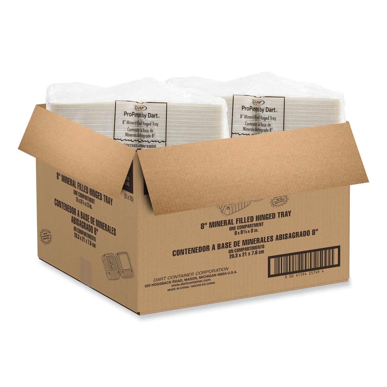 Dart® Hinged Lid Containers, Single Compartment, 8.25 x 8 x 3, White, Plastic, 150/Carton