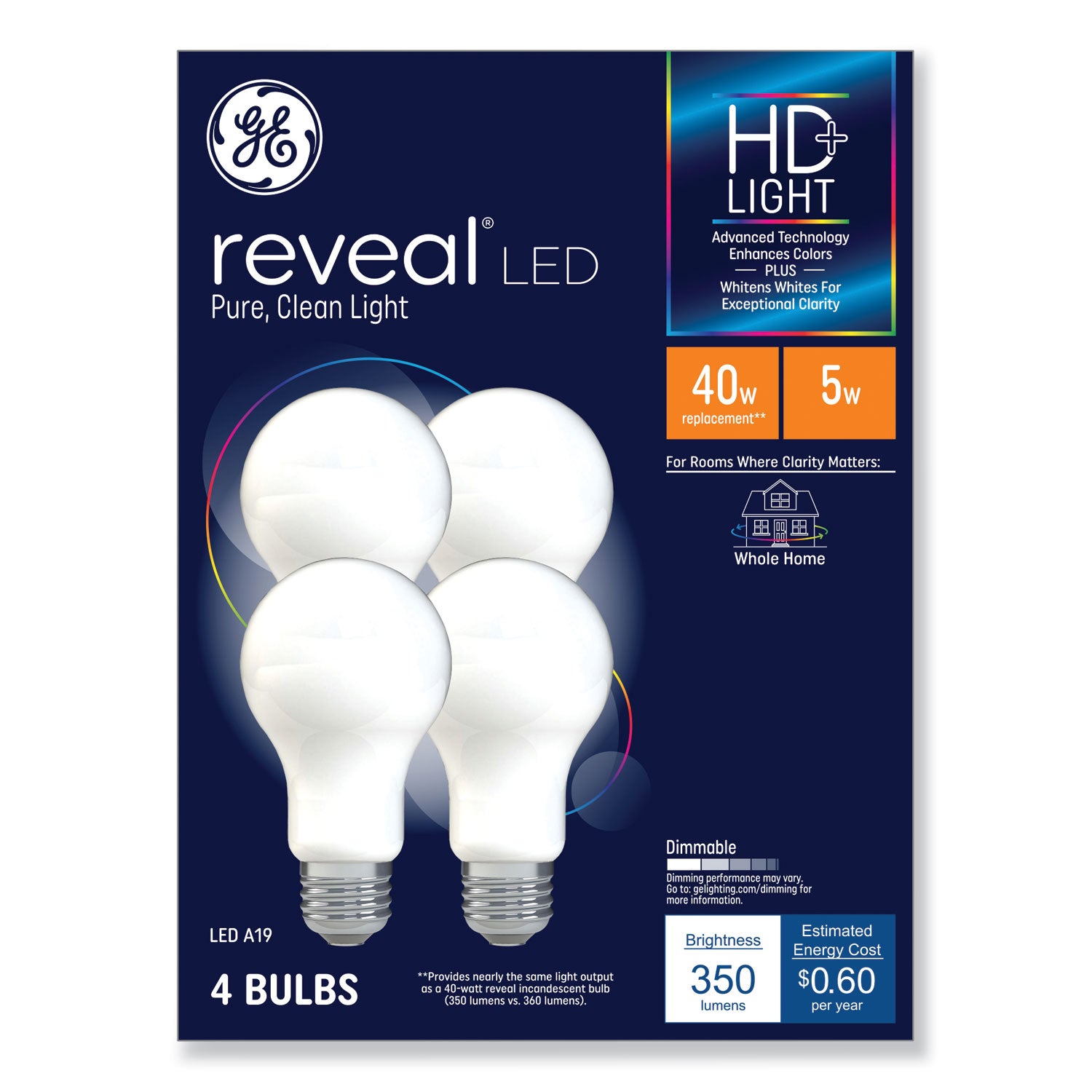 Reveal HD+ LED A19 Light Bulb, 5 W, 4/Pack