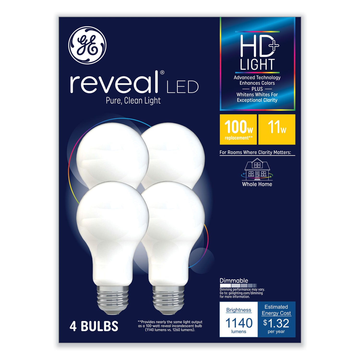 Reveal HD+ LED A19 Light Bulb, 11 W, 4/Pack